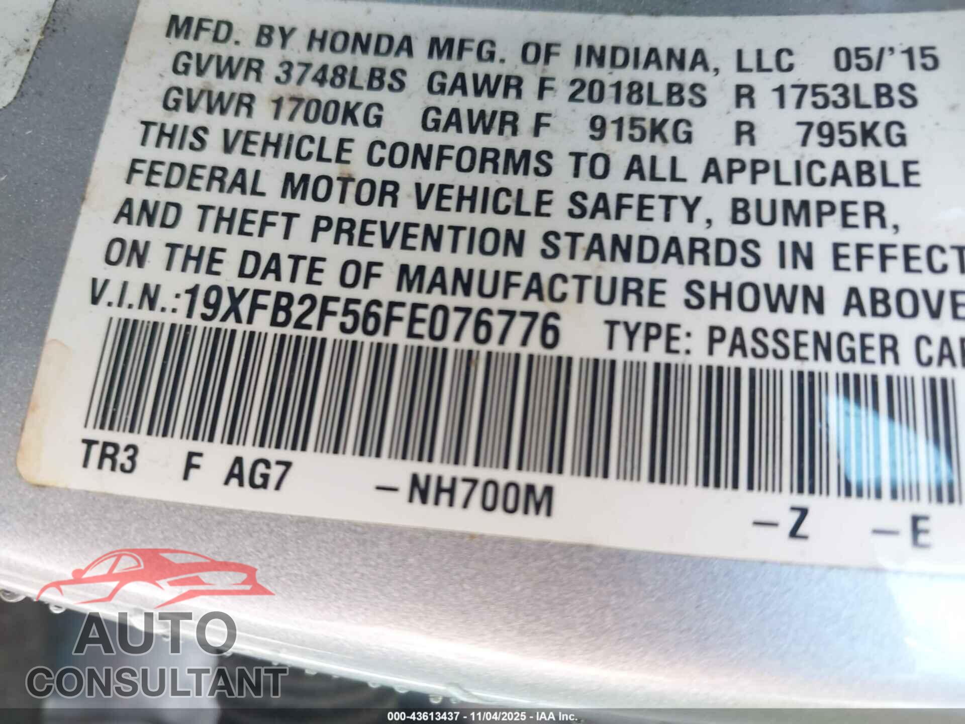 HONDA CIVIC 2015 - 19XFB2F56FE076776