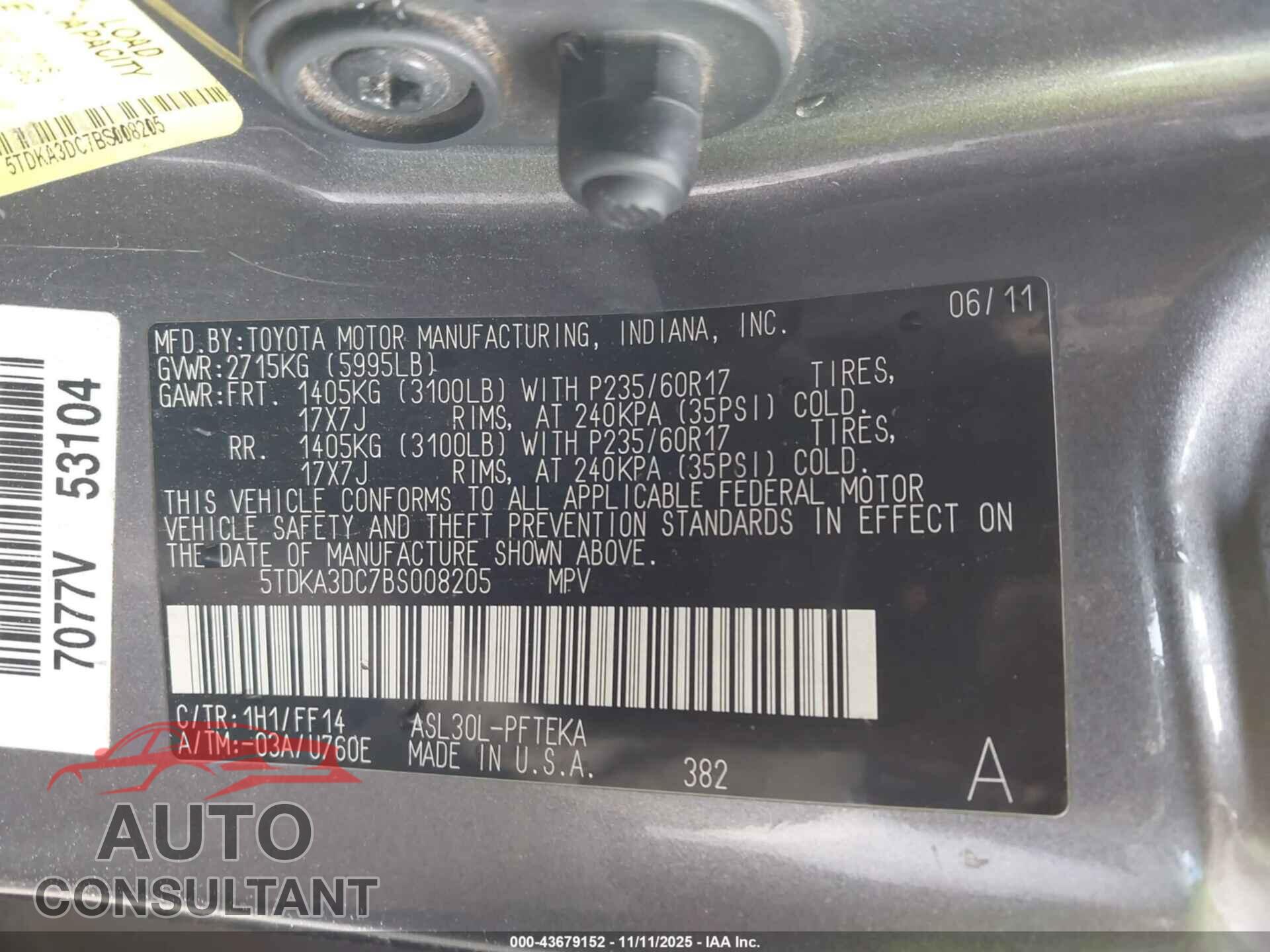 TOYOTA SIENNA 2011 - 5TDKA3DC7BS008205