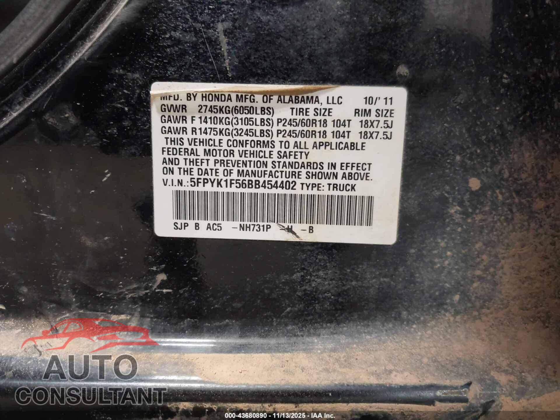 HONDA RIDGELINE 2011 - 5FPYK1F56BB454402