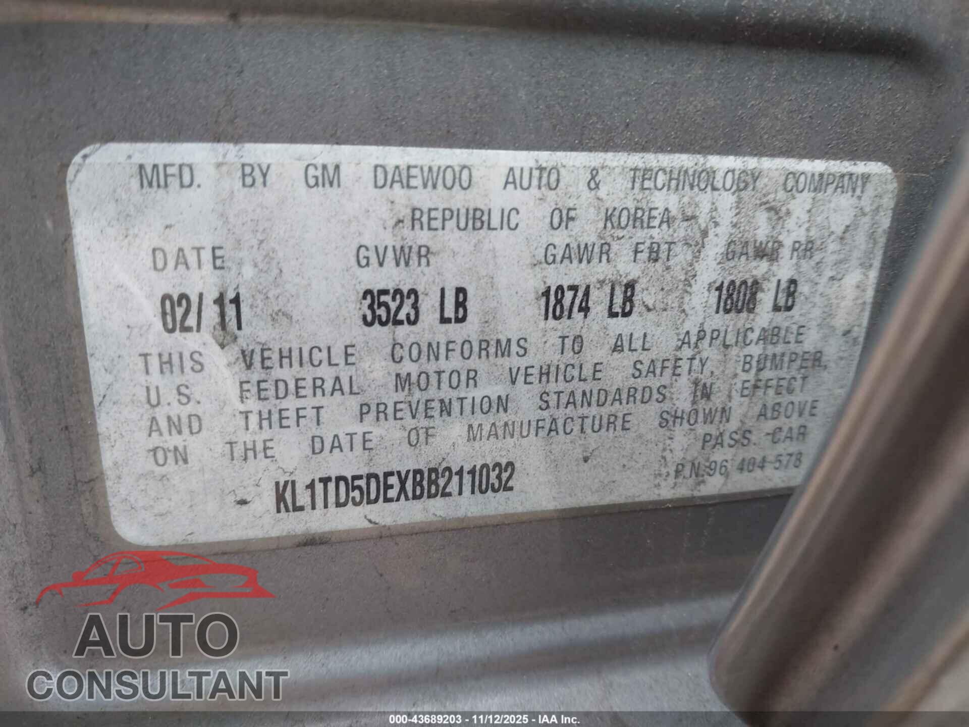 CHEVROLET AVEO 2011 - KL1TD5DEXBB211032