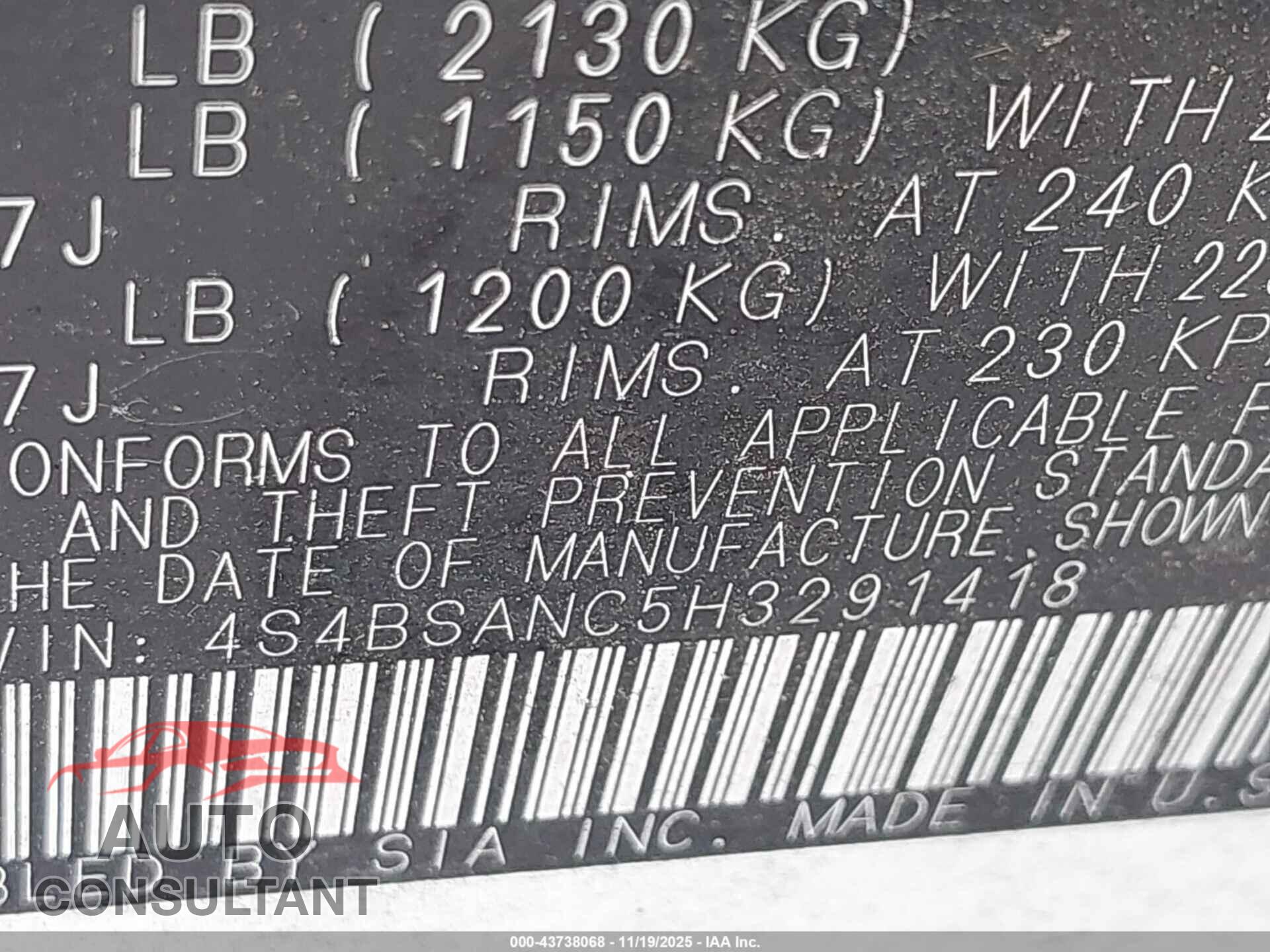 SUBARU OUTBACK 2017 - 4S4BSANC5H3291418
