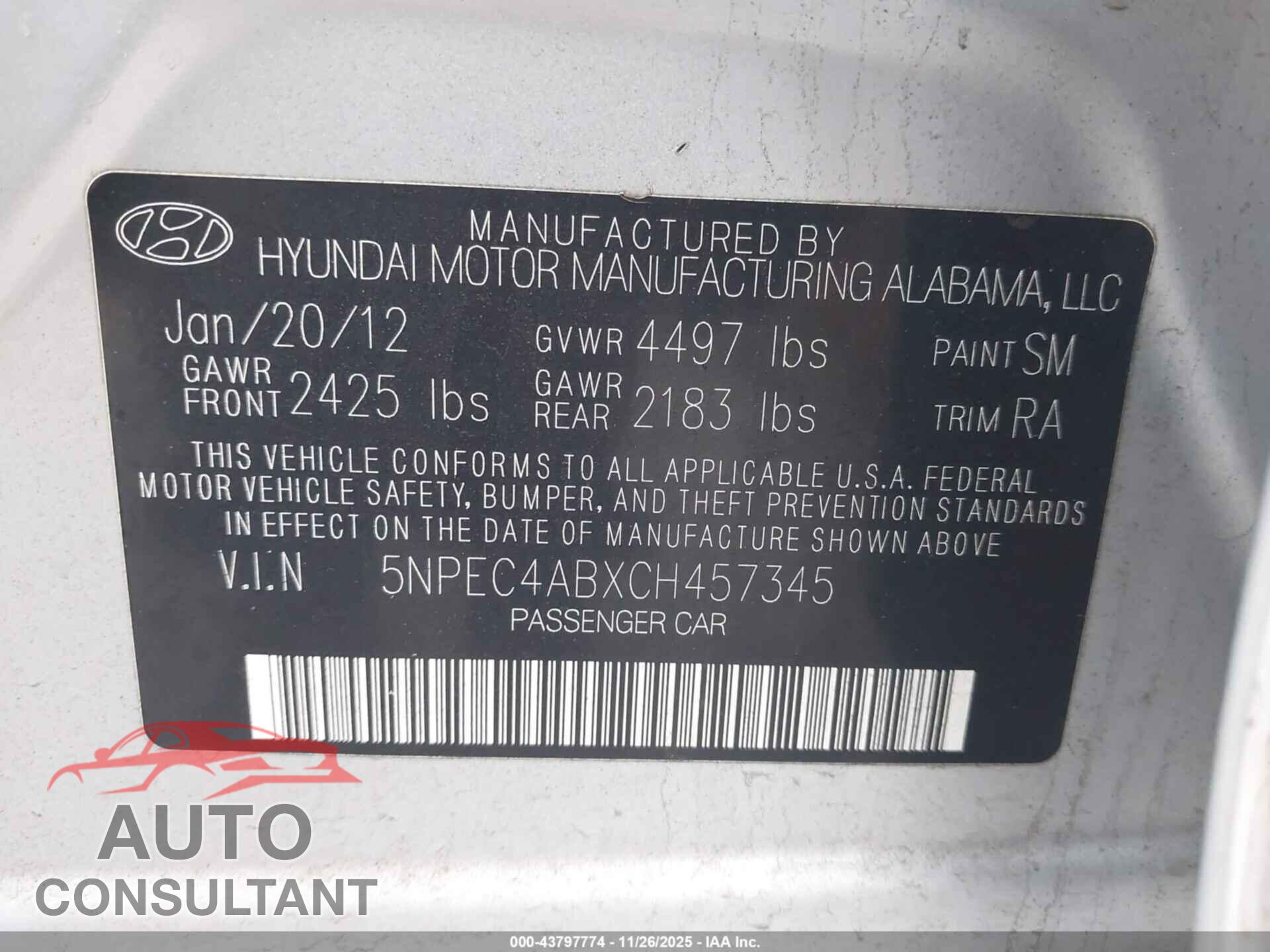 HYUNDAI SONATA 2012 - 5NPEC4ABXCH457345