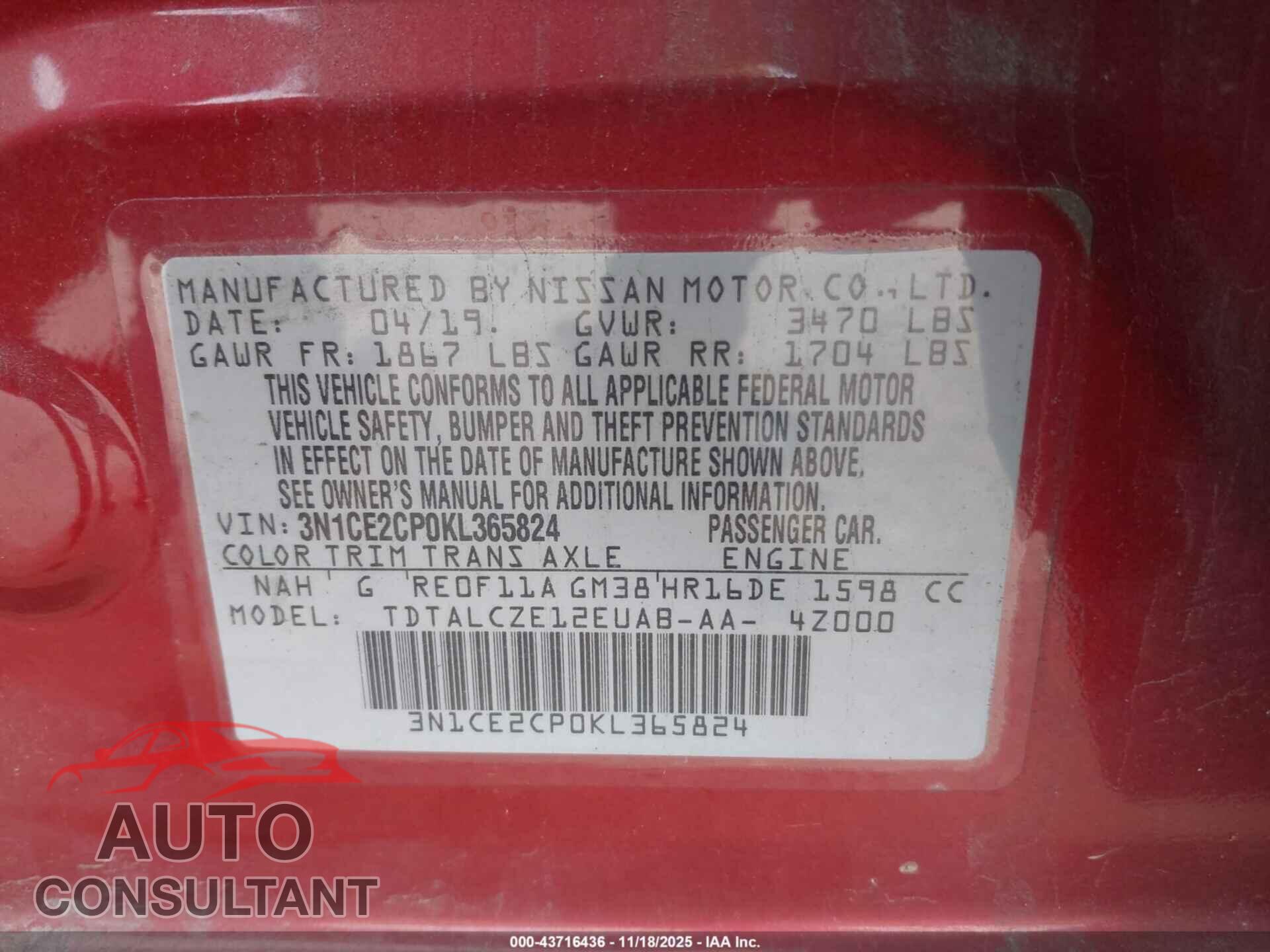 NISSAN VERSA NOTE 2019 - 3N1CE2CP0KL365824