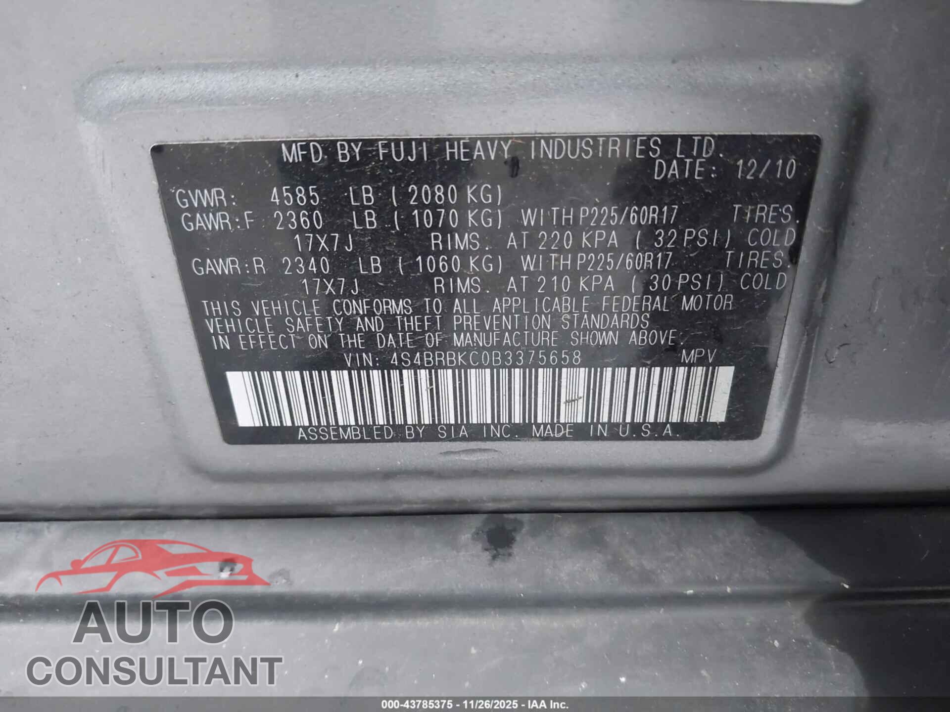 SUBARU OUTBACK 2011 - 4S4BRBKC0B3375658