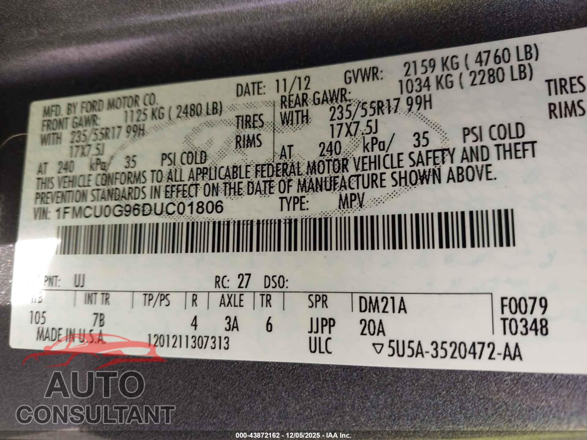 FORD ESCAPE 2013 - 1FMCU0G96DUC01806