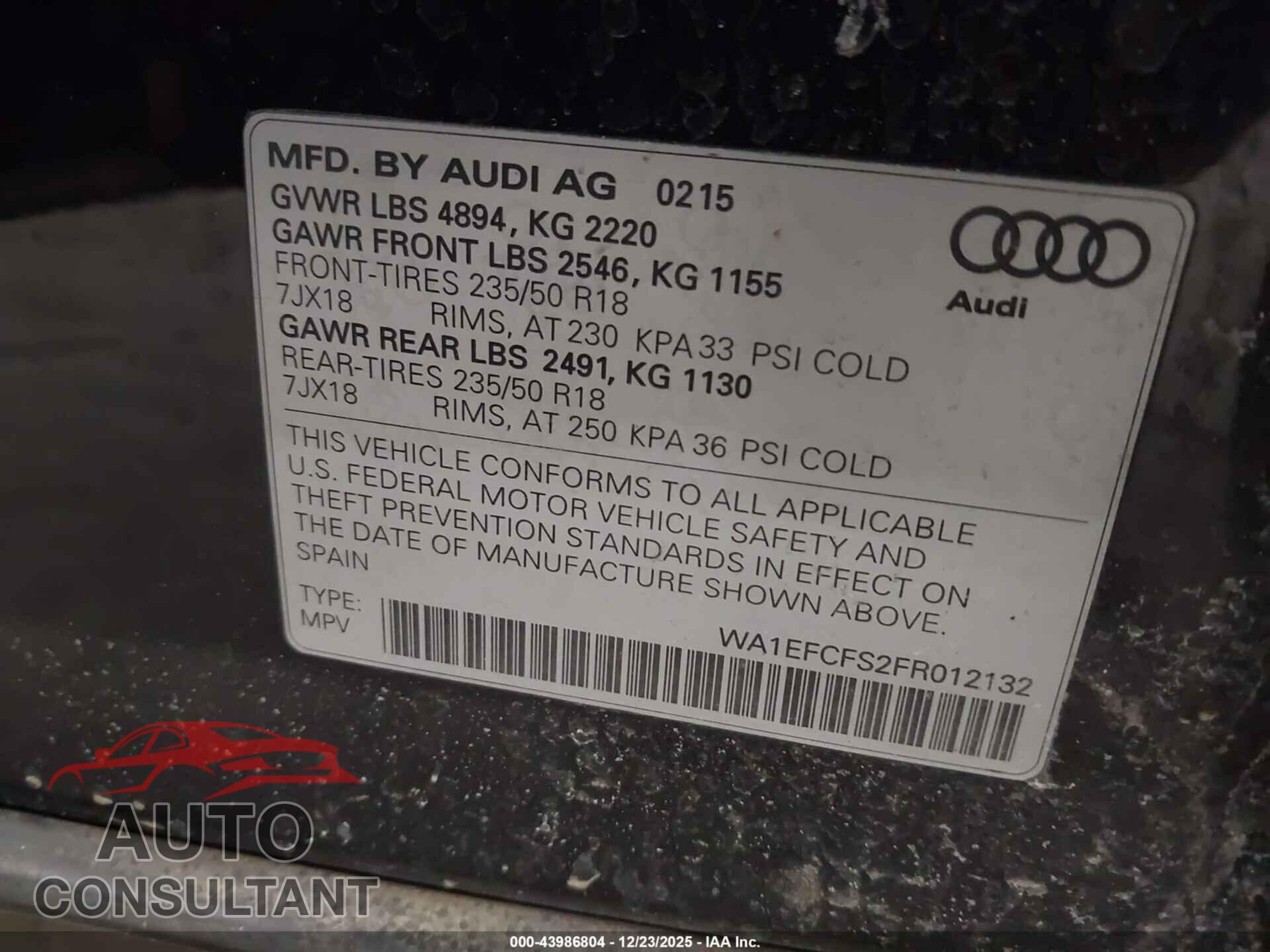 AUDI Q3 2015 - WA1EFCFS2FR012132