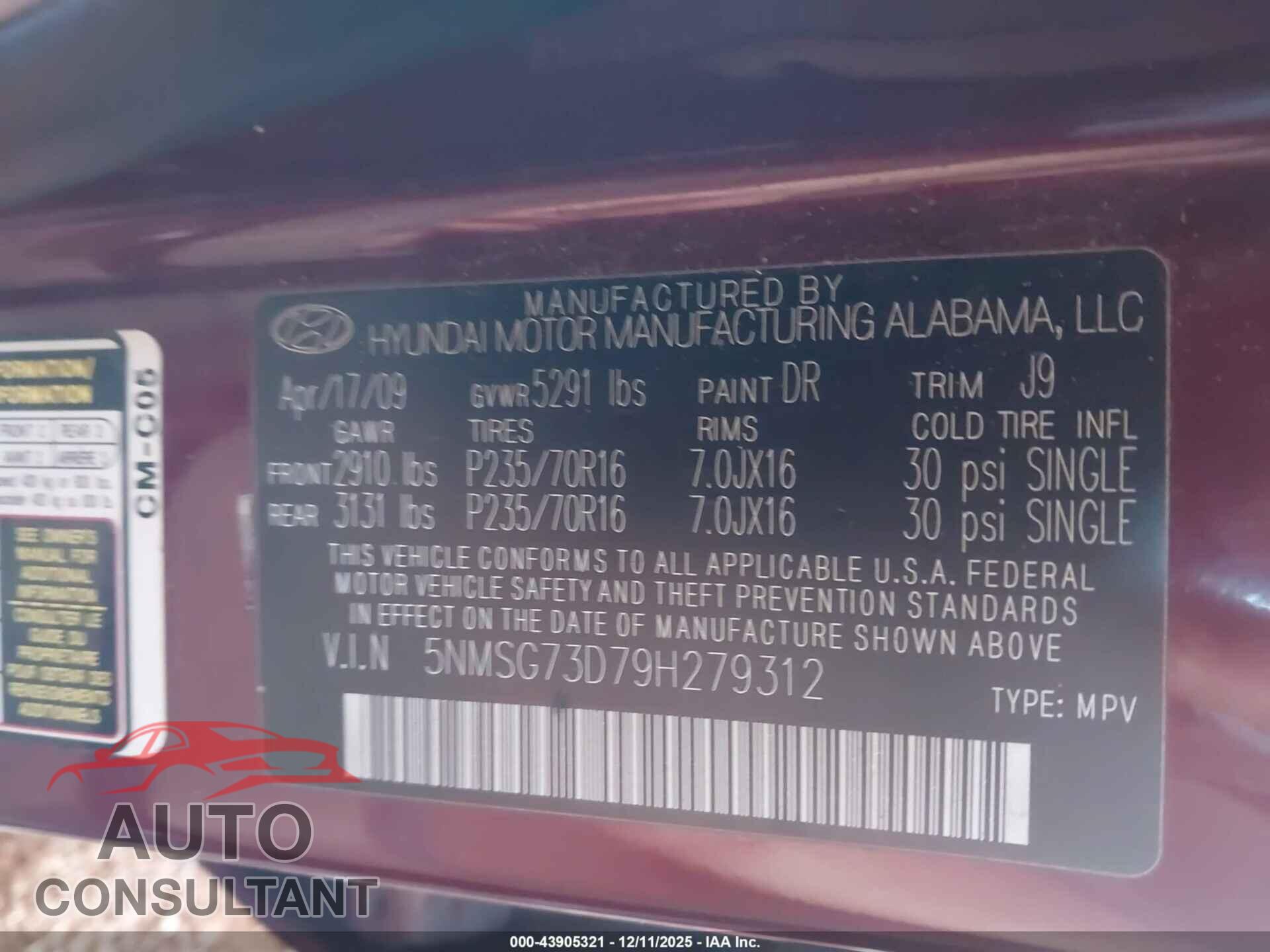 HYUNDAI SANTA FE 2009 - 5NMSG73D79H279312