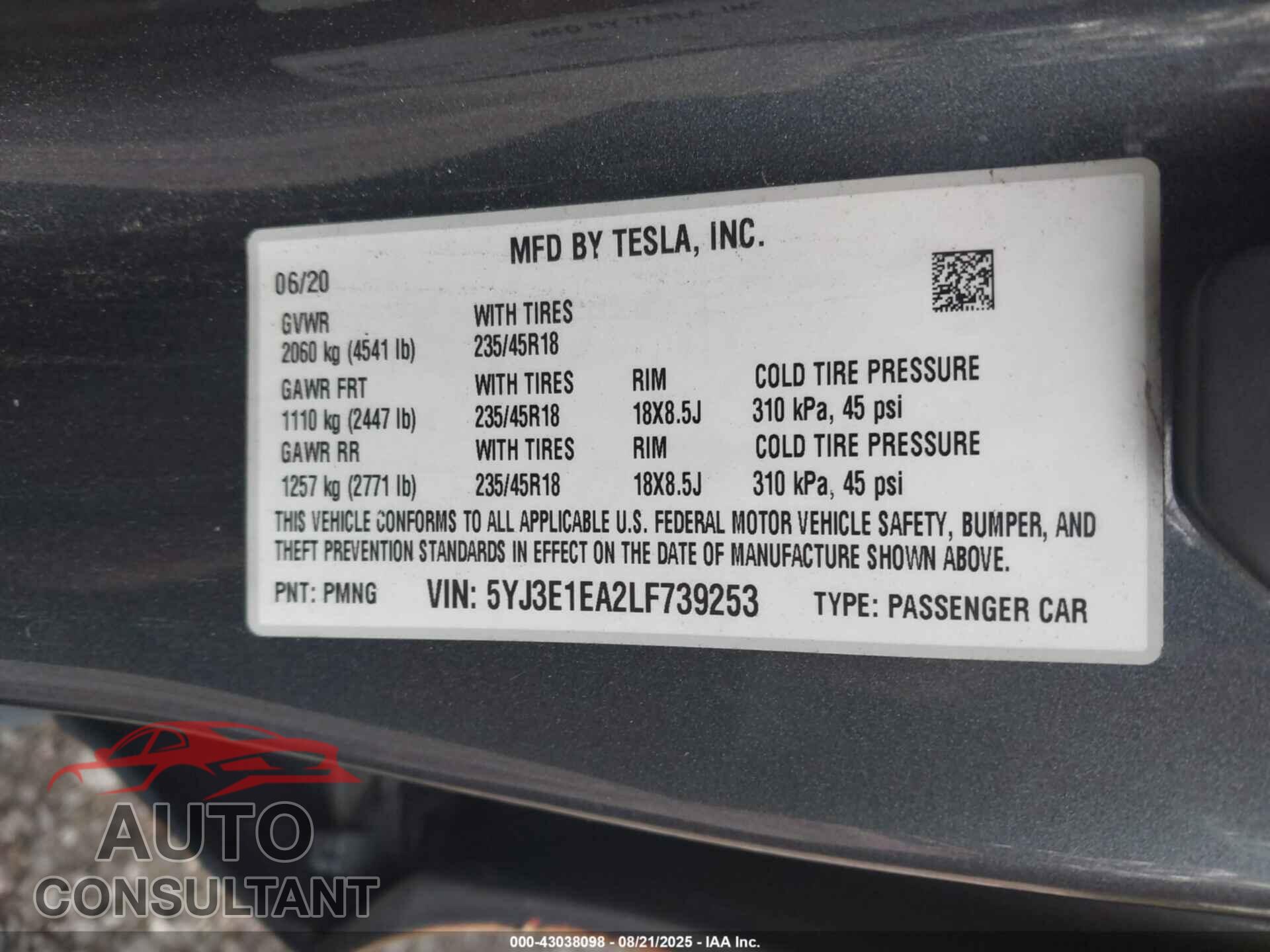 TESLA MODEL 3 2020 - 5YJ3E1EA2LF739253
