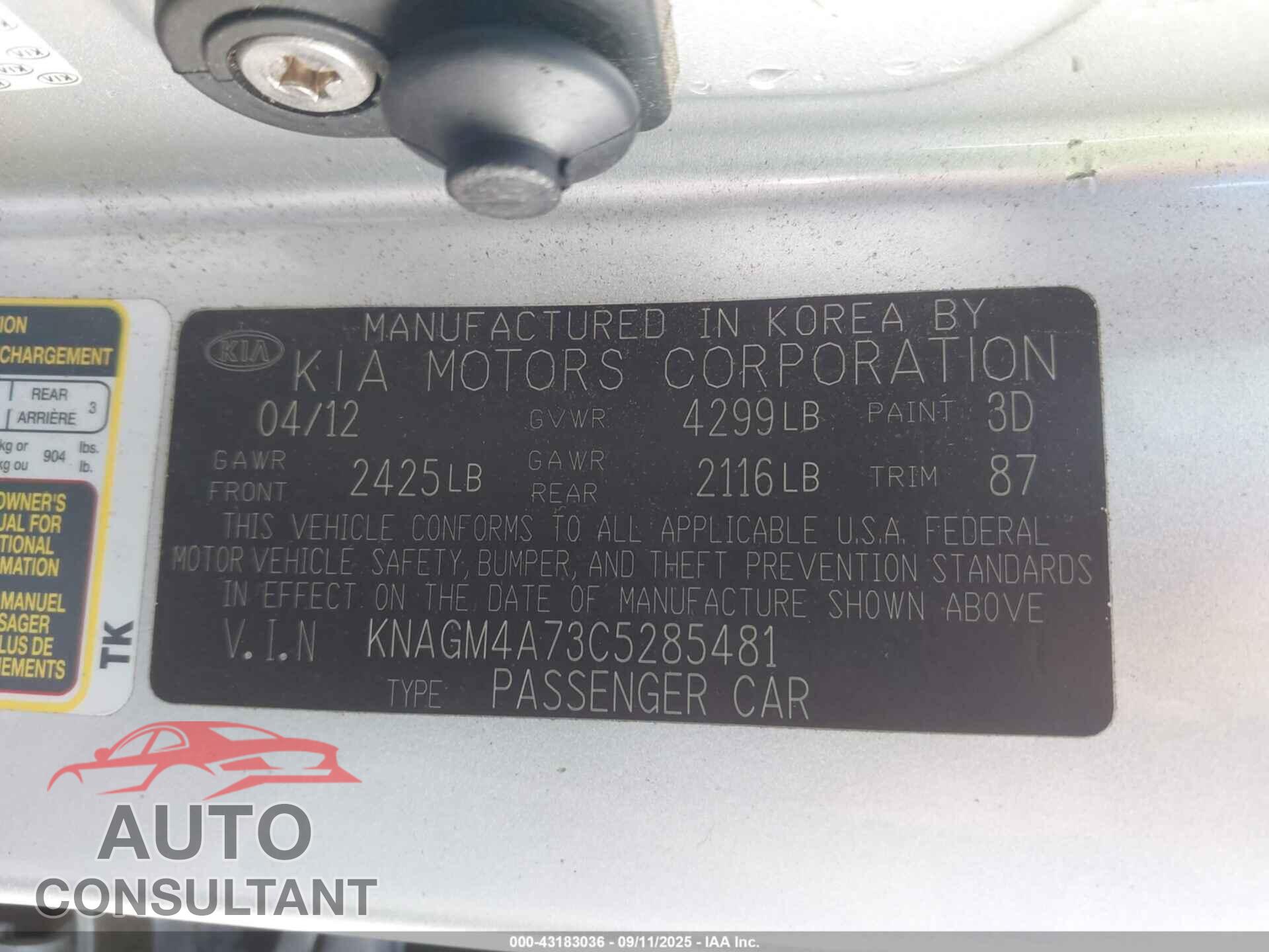 KIA OPTIMA 2012 - KNAGM4A73C5285481