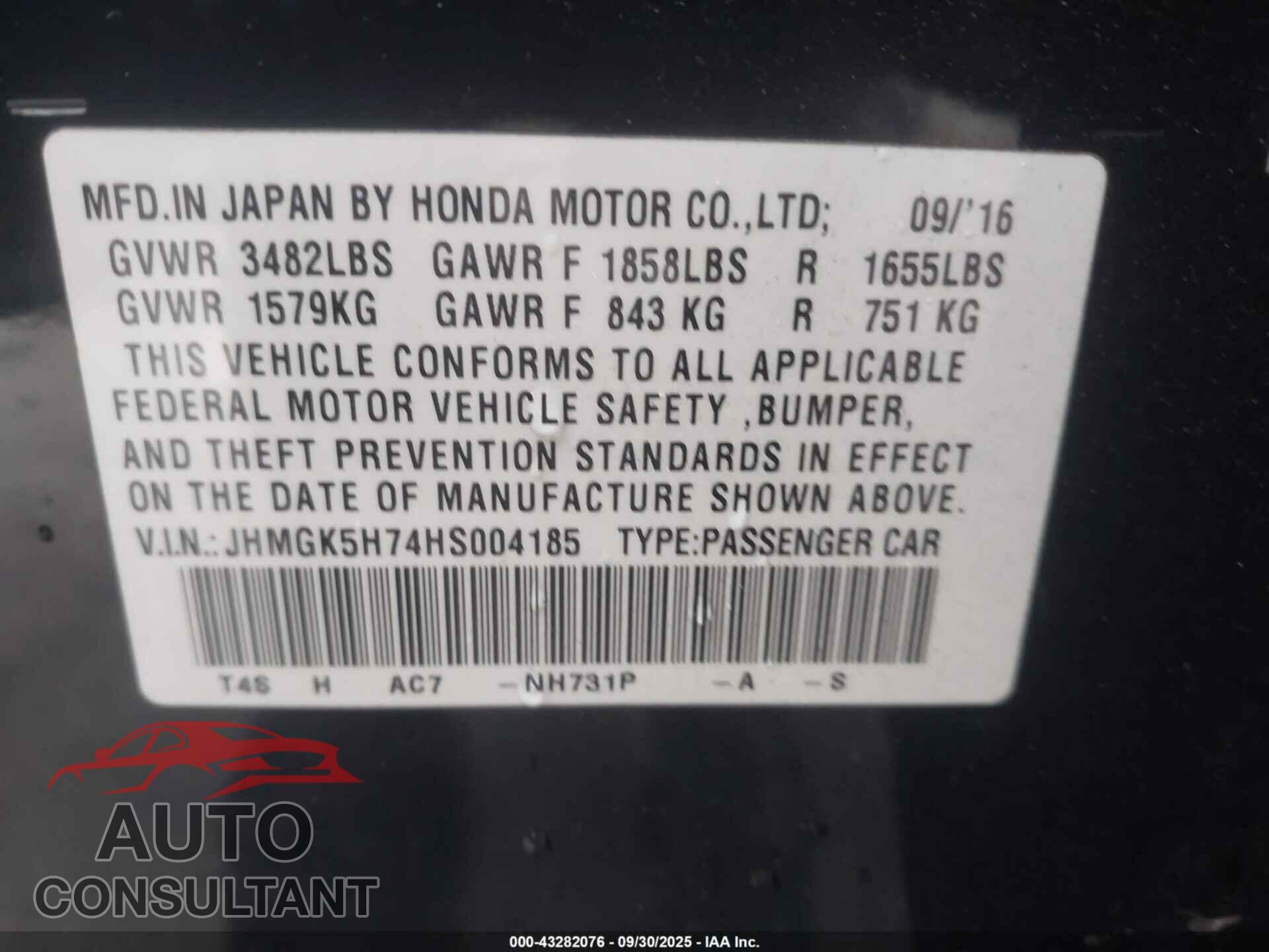 HONDA FIT 2017 - JHMGK5H74HS004185