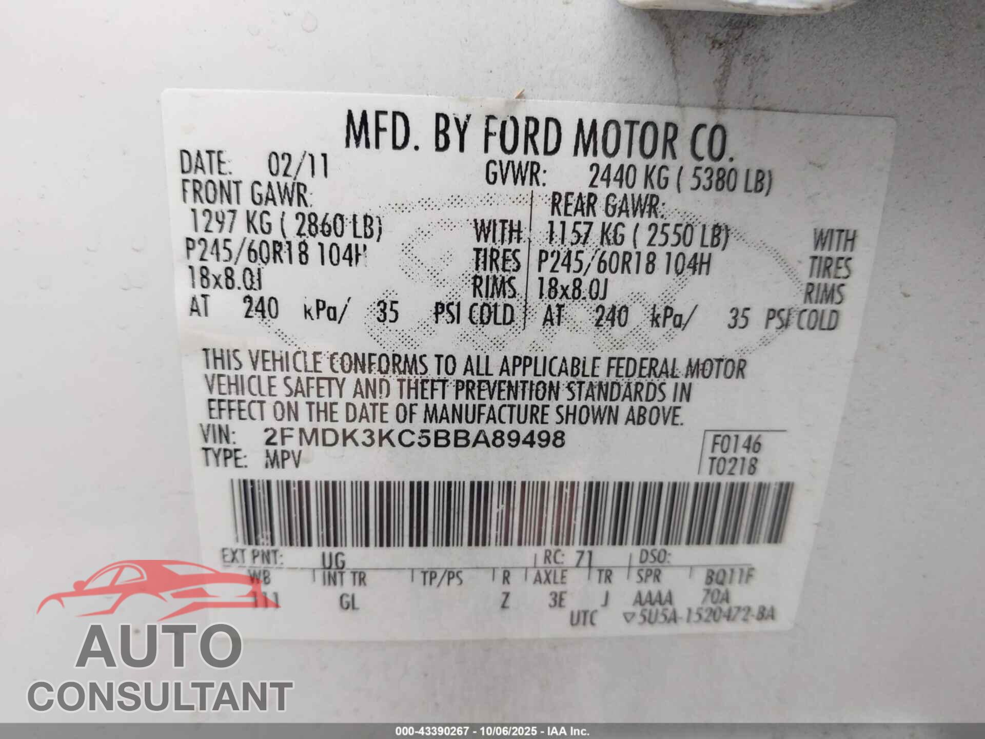 FORD EDGE 2011 - 2FMDK3KC5BBA89498