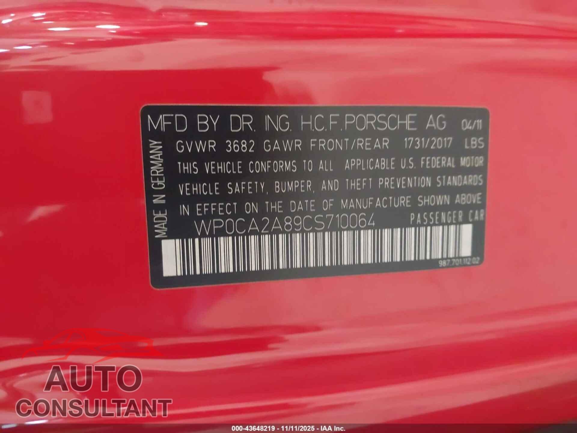 PORSCHE BOXSTER 2012 - WP0CA2A89CS710064