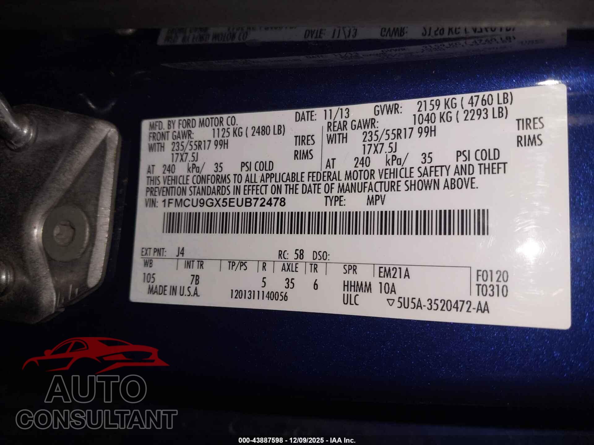 FORD ESCAPE 2014 - 1FMCU9GX5EUB72478