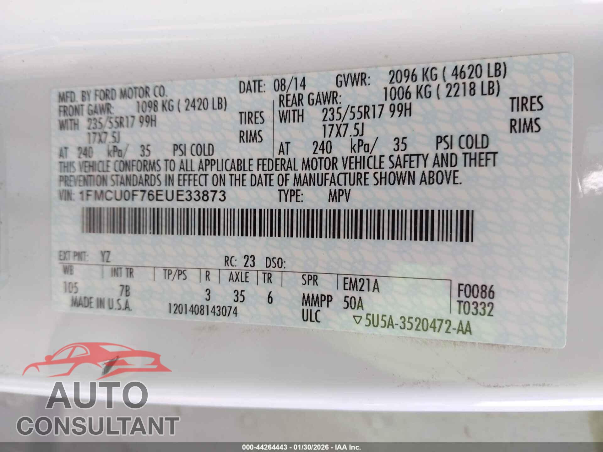 FORD ESCAPE 2014 - 1FMCU0F76EUE33873