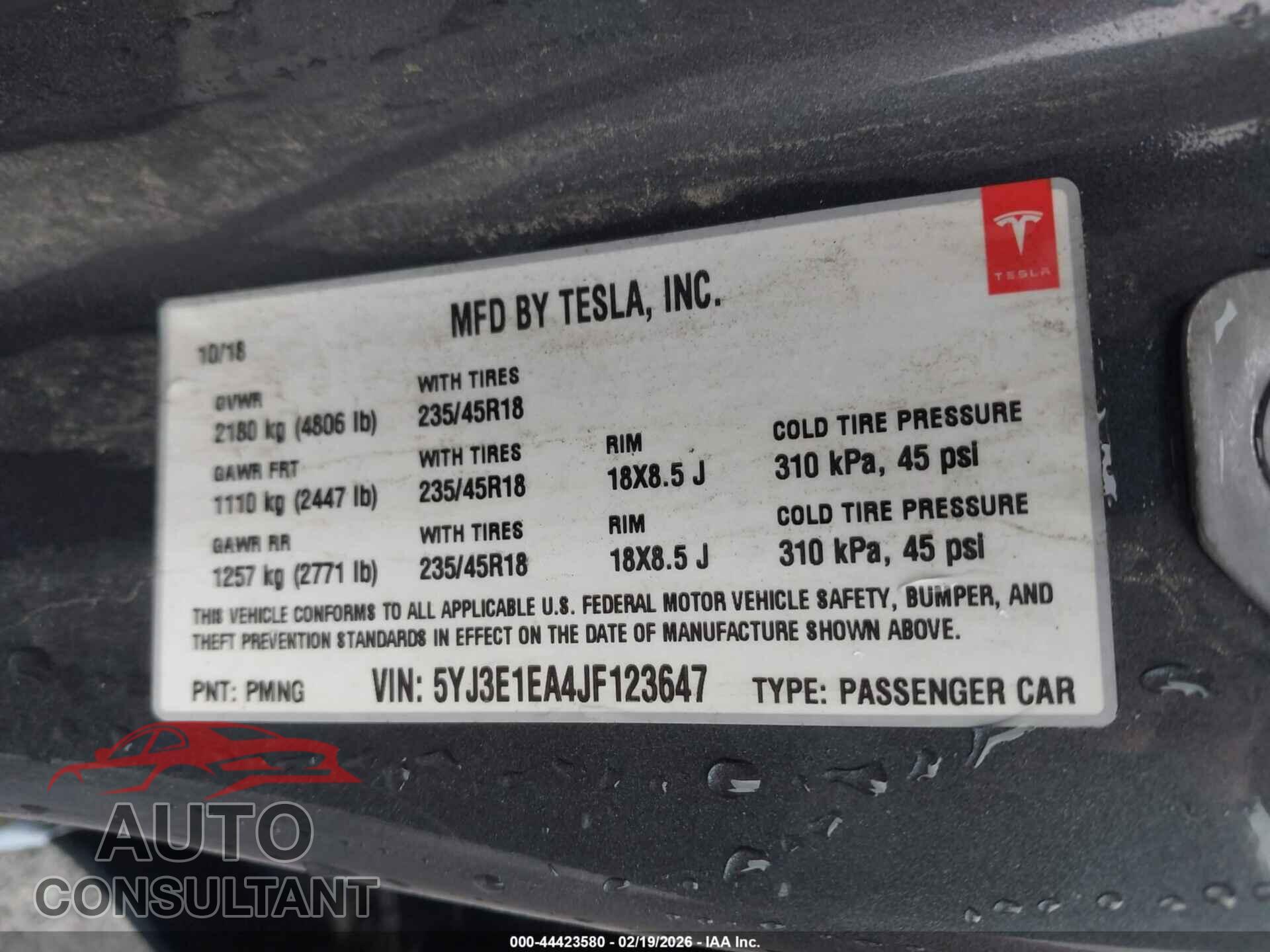 TESLA MODEL 3 2018 - 5YJ3E1EA4JF123647