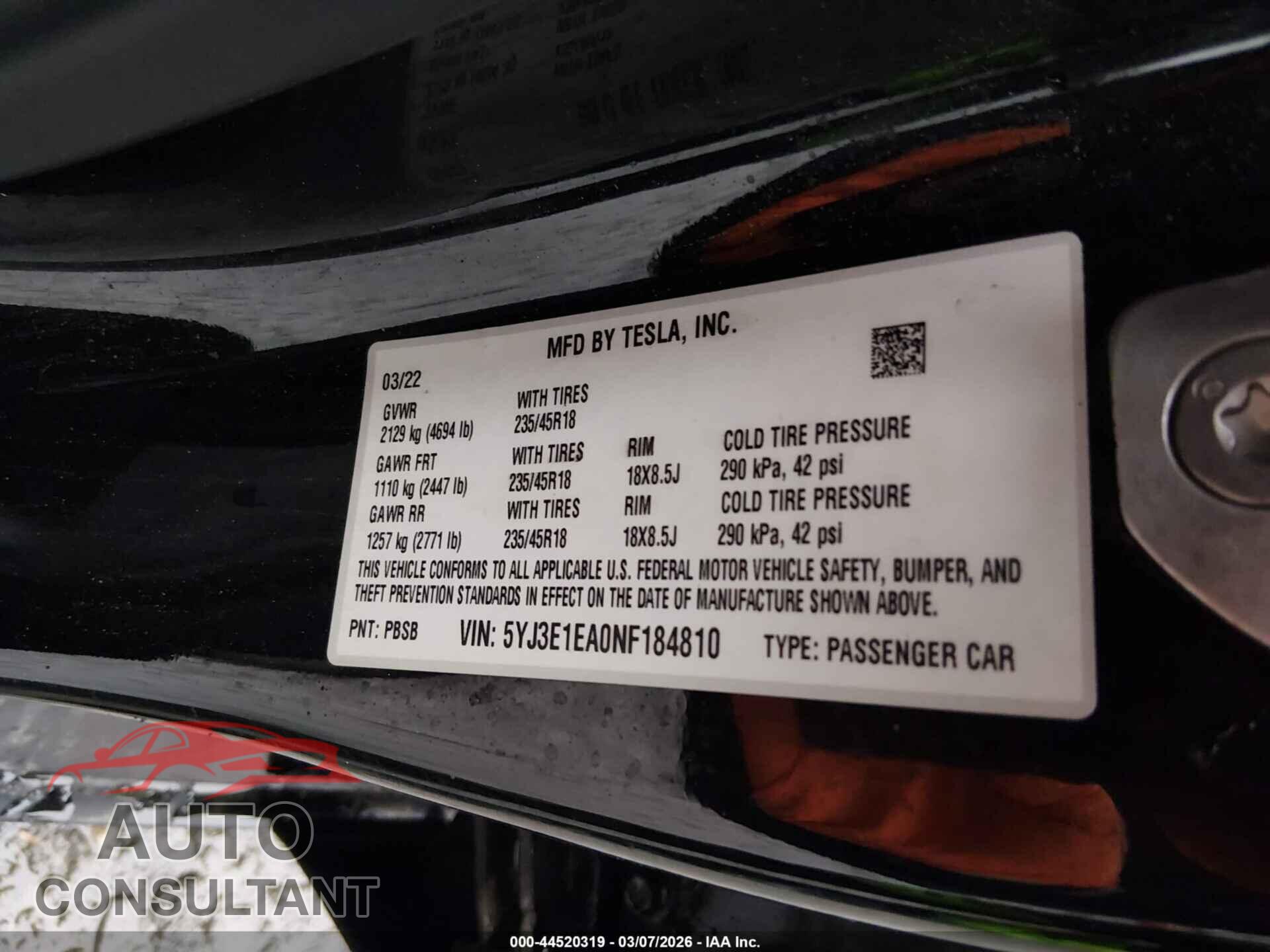 TESLA MODEL 3 2022 - 5YJ3E1EA0NF184810