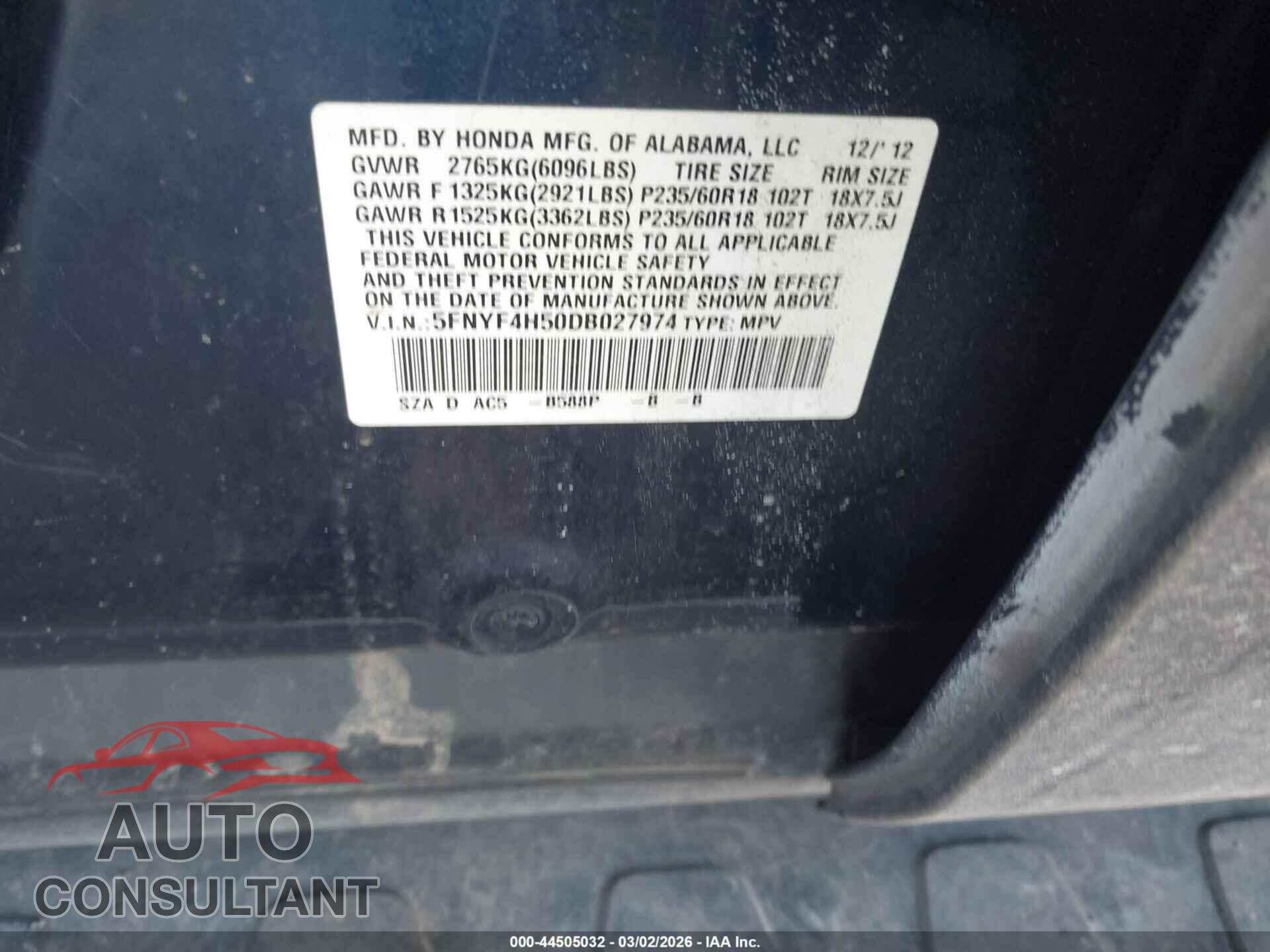 HONDA PILOT 2013 - 5FNYF4H50DB027974