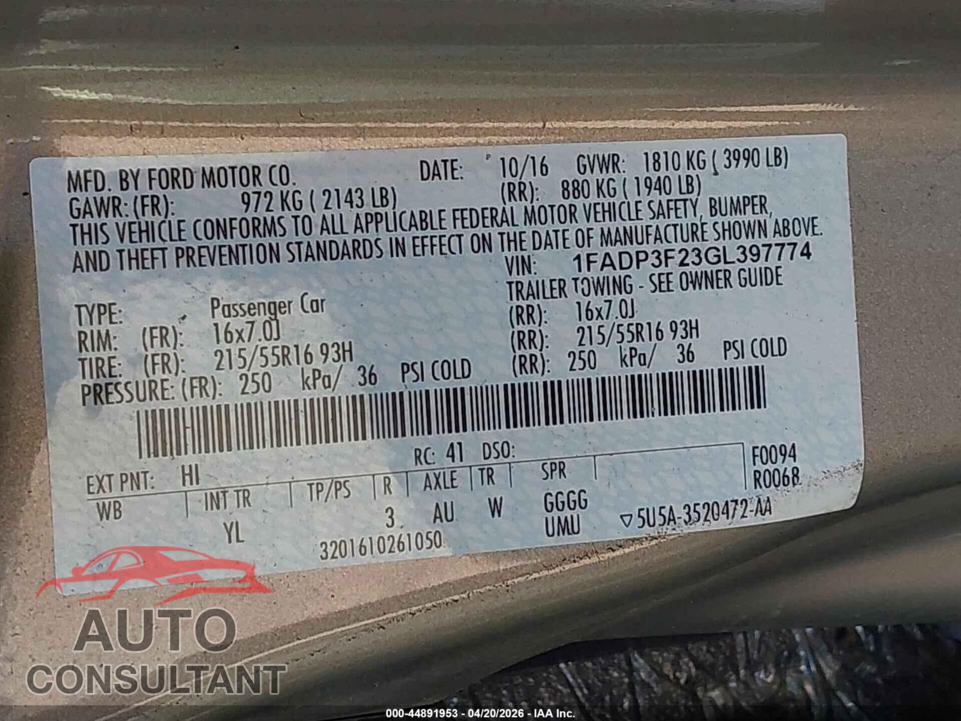 FORD FOCUS 2016 - 1FADP3F23GL397774