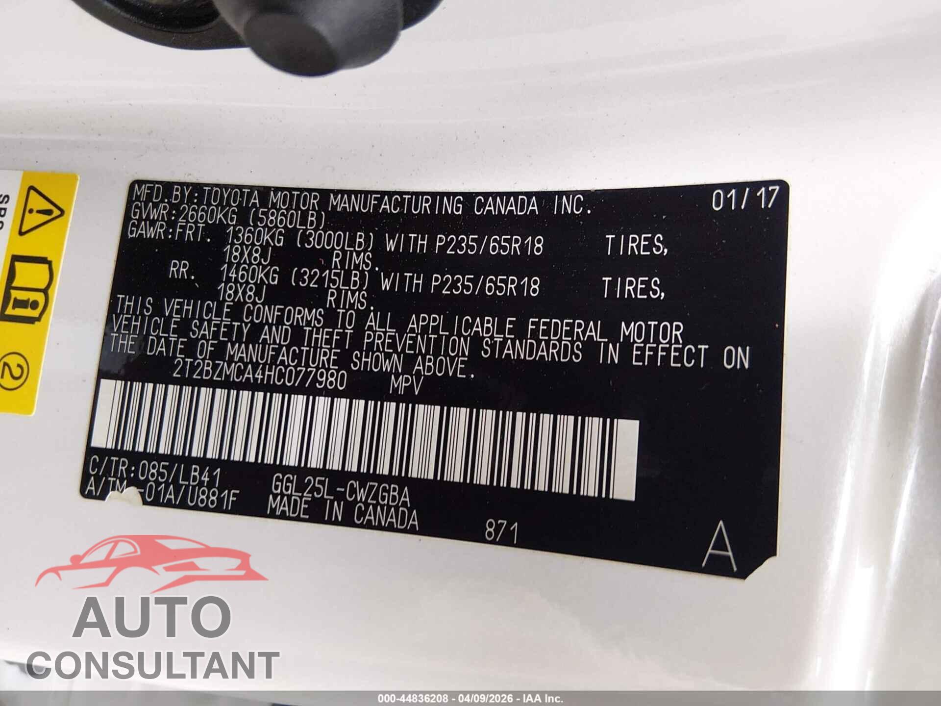 LEXUS RX 350 2017 - 2T2BZMCA4HC077980