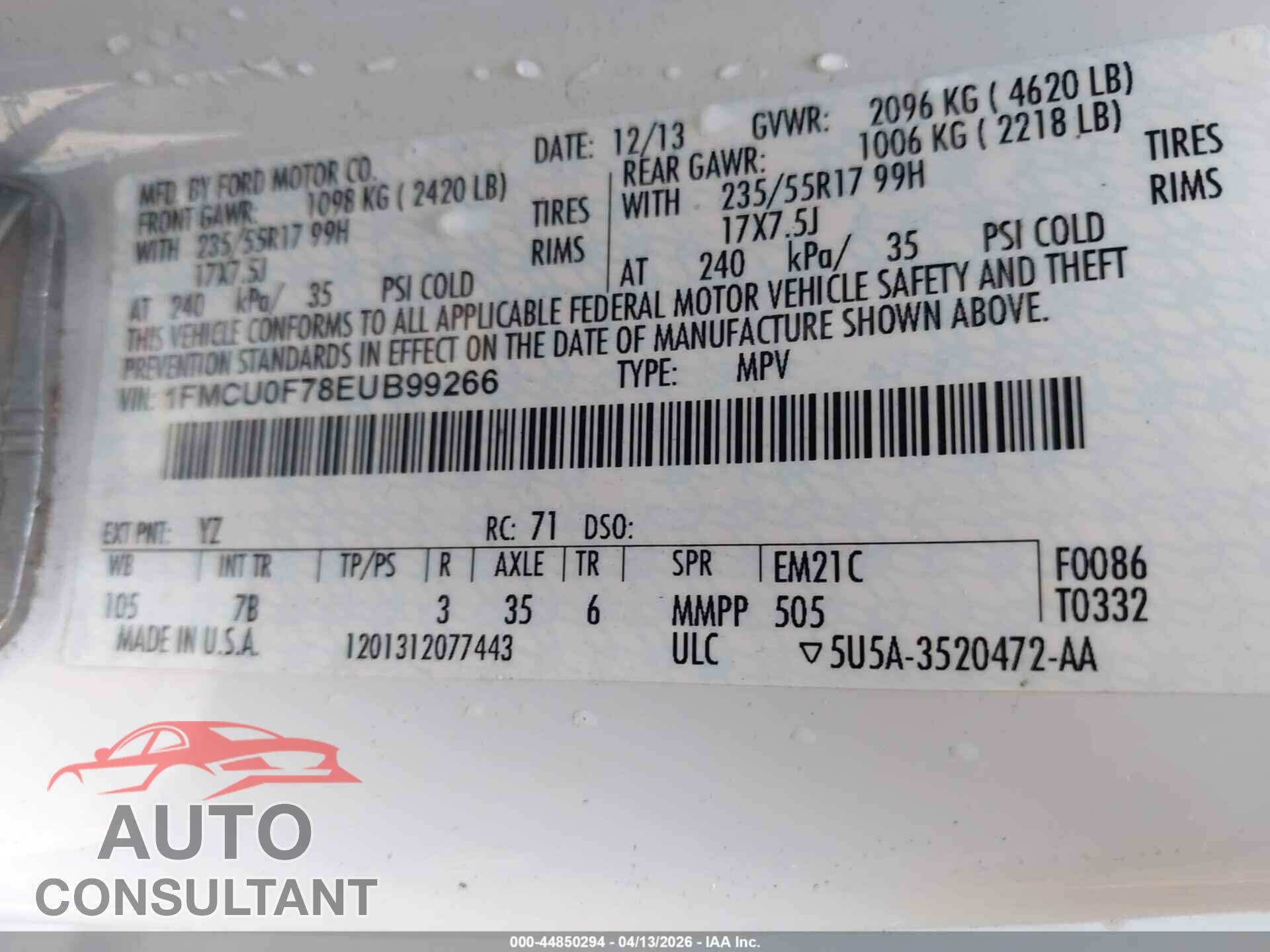 FORD ESCAPE 2014 - 1FMCU0F78EUB99266