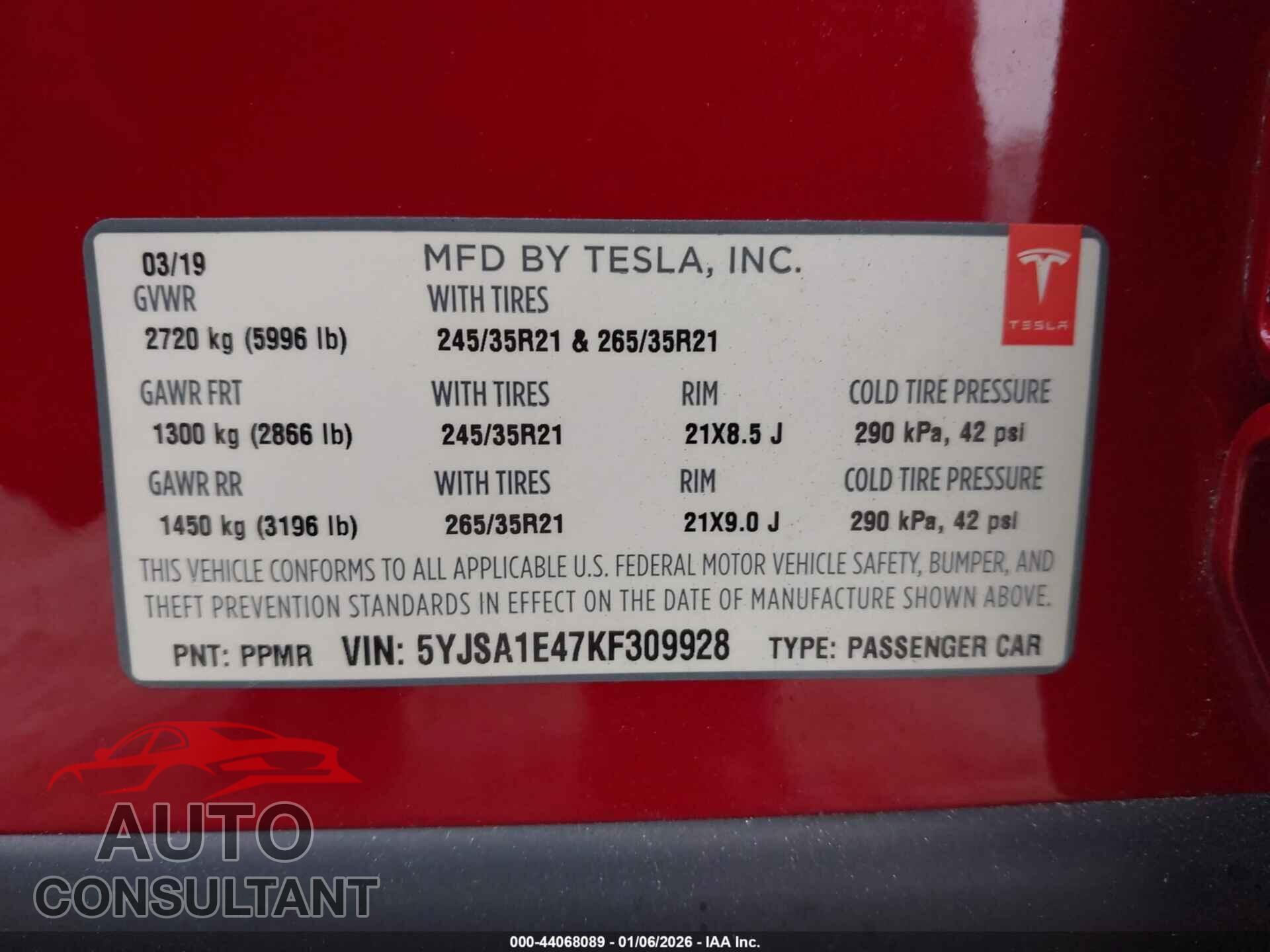 TESLA MODEL S 2019 - 5YJSA1E47KF309928