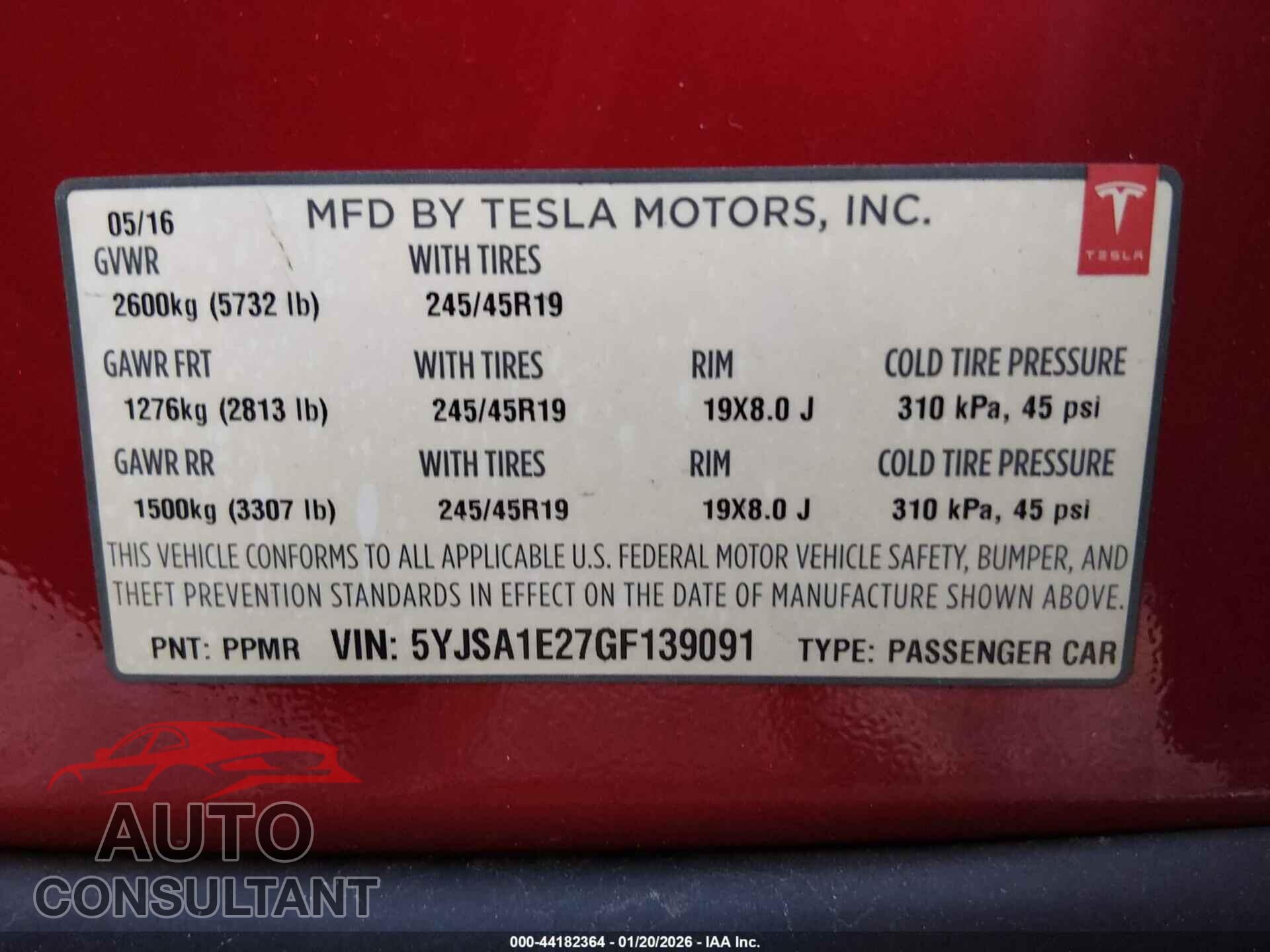 TESLA MODEL S 2016 - 5YJSA1E27GF139091