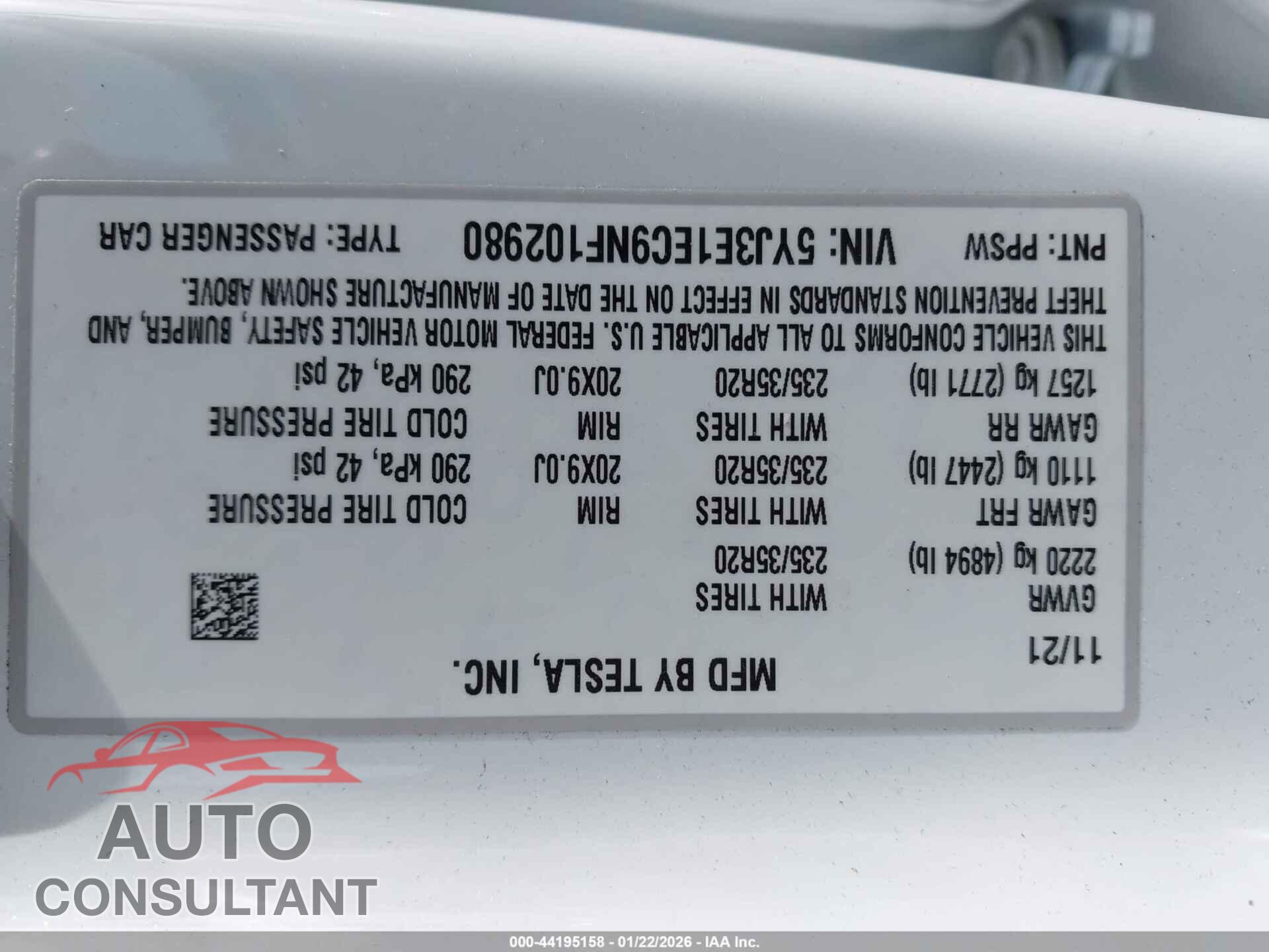 TESLA MODEL 3 2022 - 5YJ3E1EC9NF102980