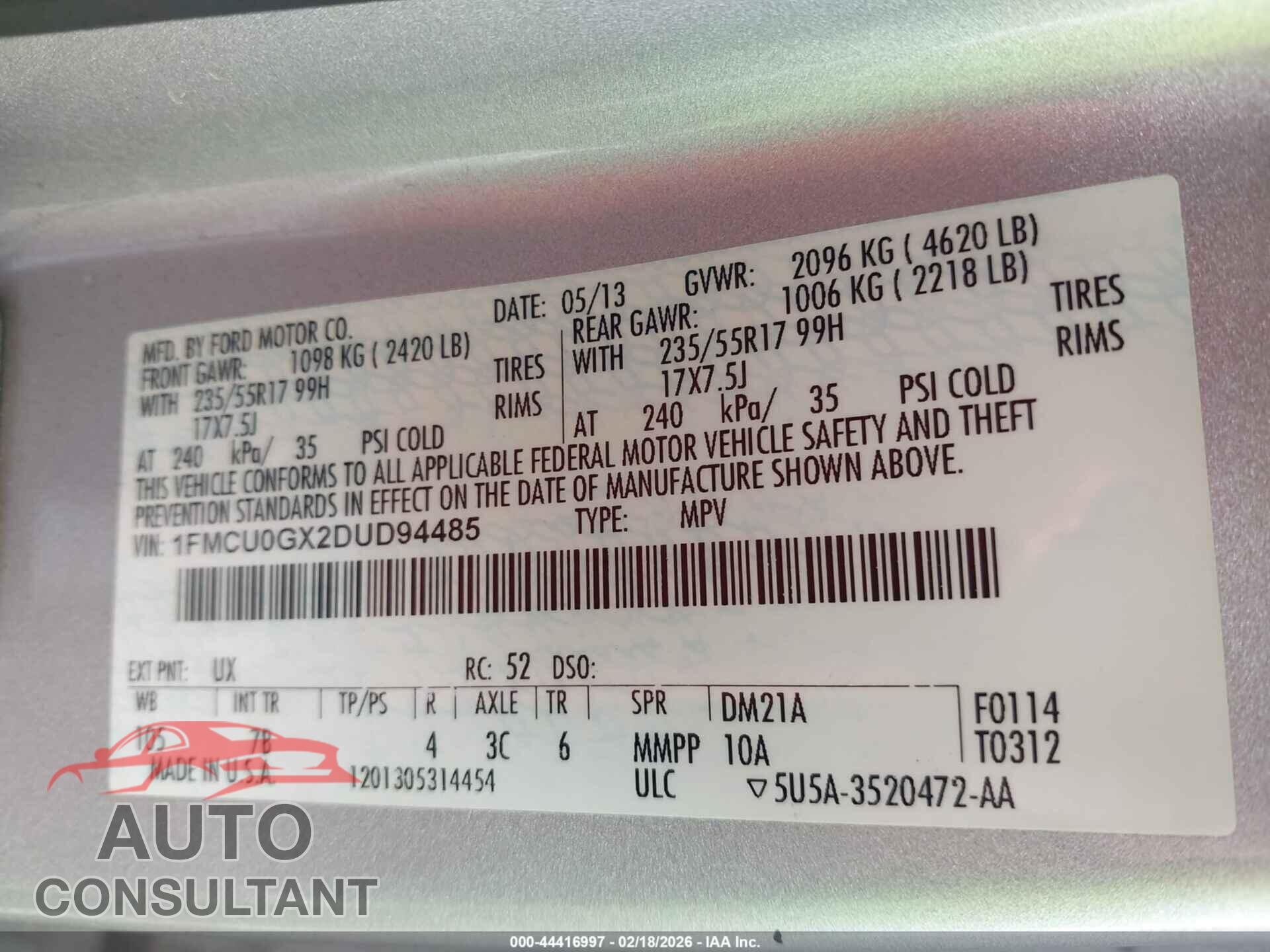 FORD ESCAPE 2013 - 1FMCU0GX2DUD94485