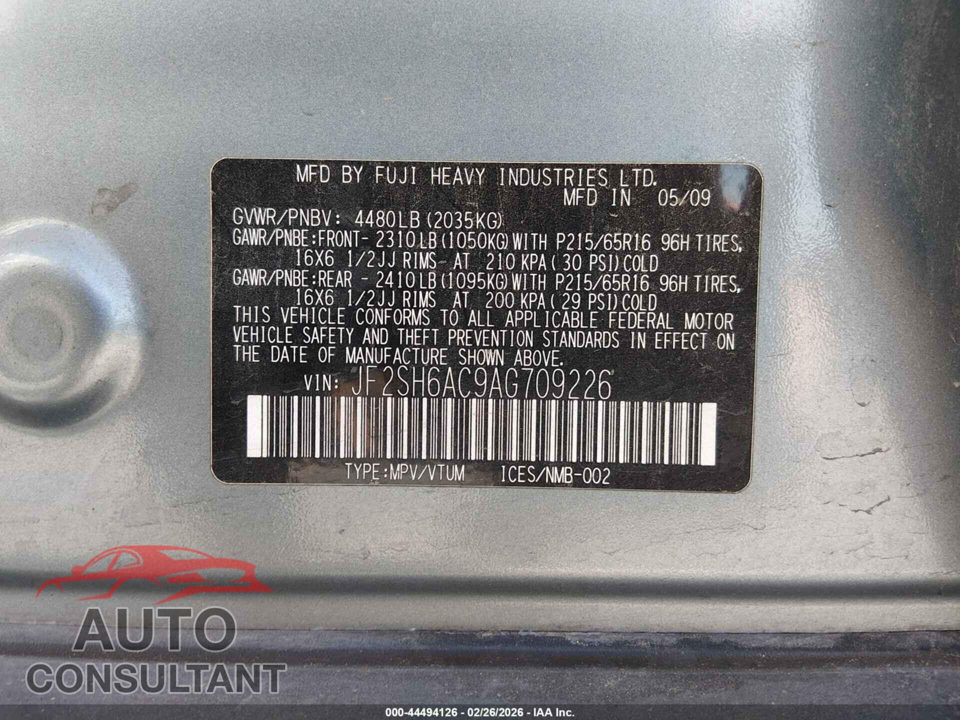SUBARU FORESTER 2010 - JF2SH6AC9AG709226