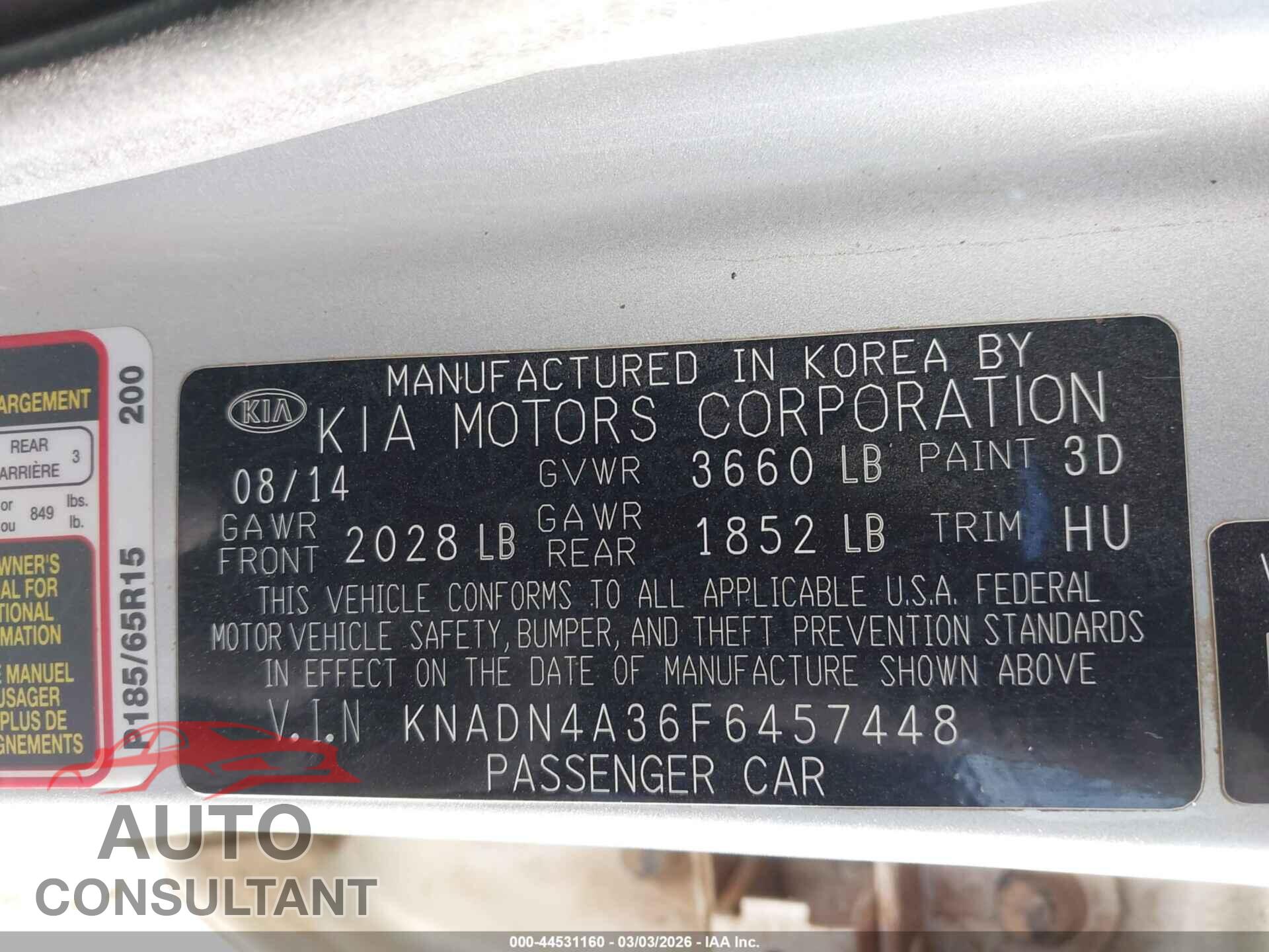 KIA RIO 2015 - KNADN4A36F6457448