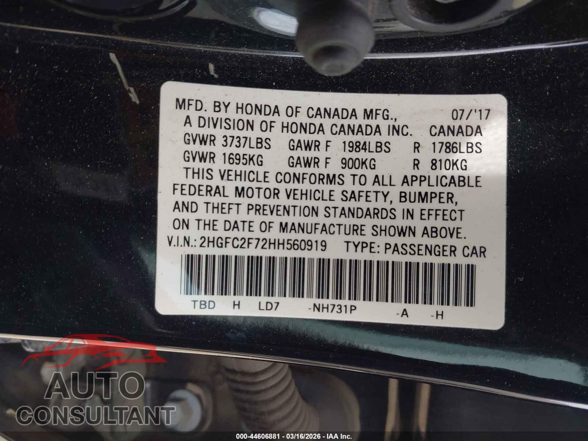 HONDA CIVIC 2017 - 2HGFC2F72HH560919