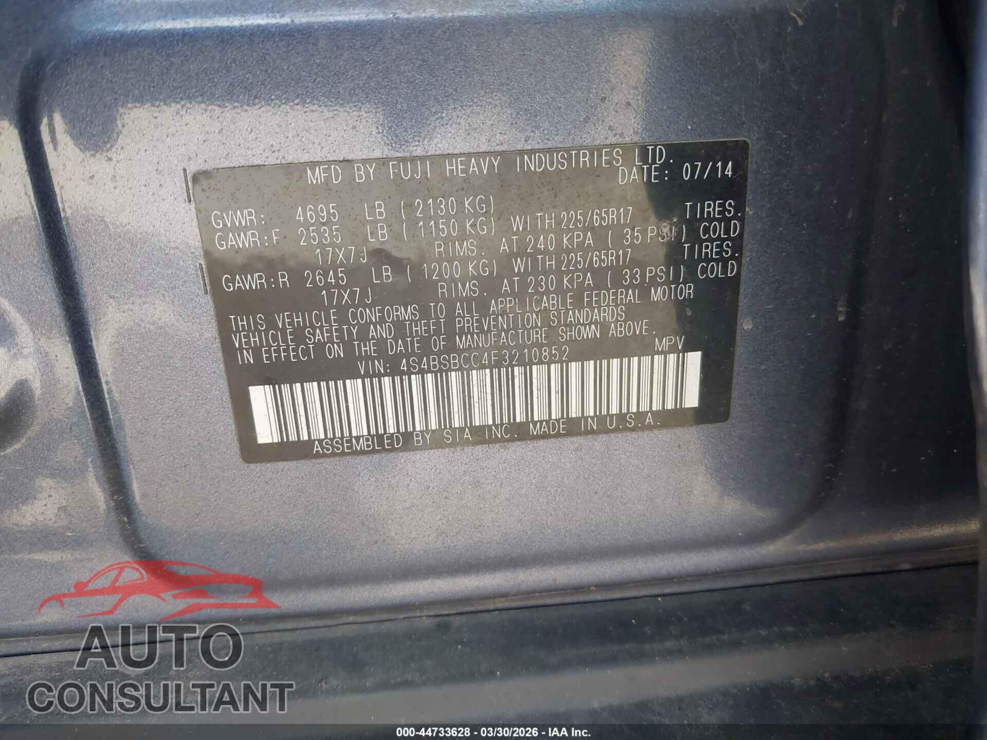 SUBARU OUTBACK 2015 - 4S4BSBCC4F3210852