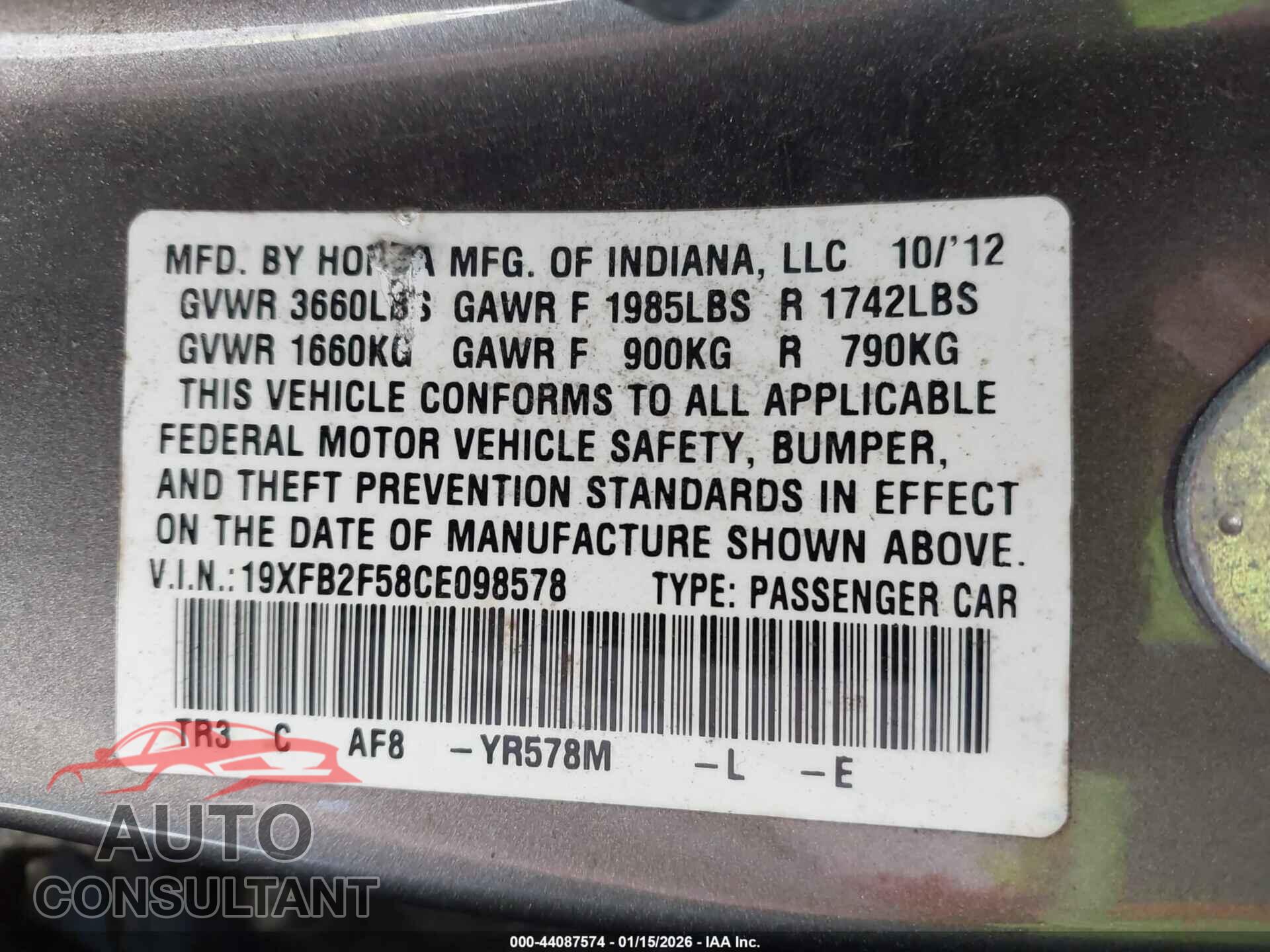 HONDA CIVIC 2012 - 19XFB2F58CE098578