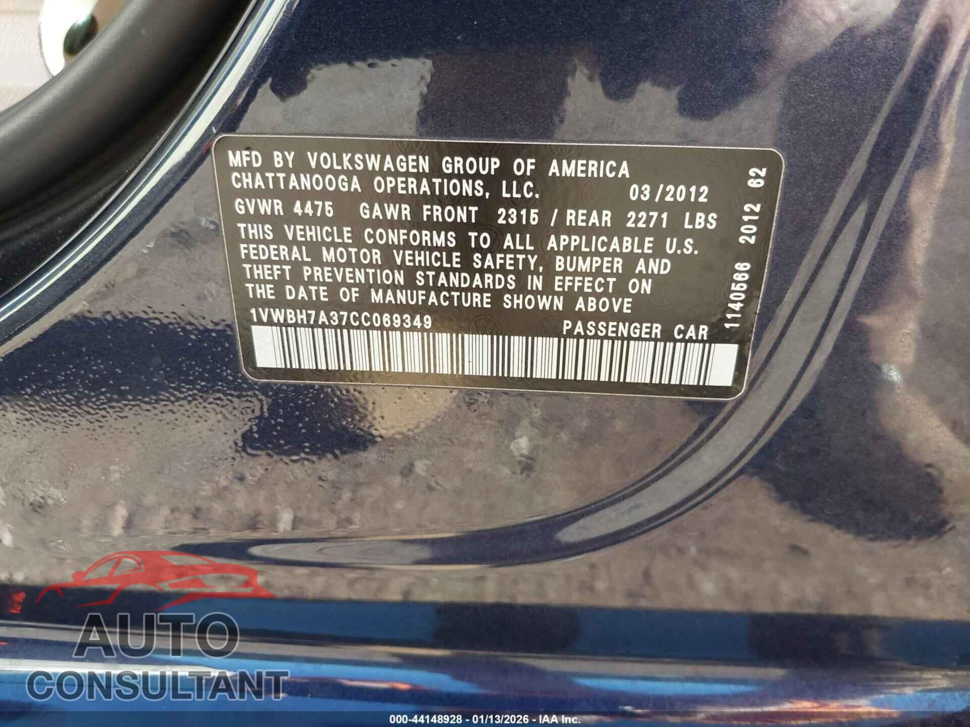 VOLKSWAGEN PASSAT 2012 - 1VWBH7A37CC069349
