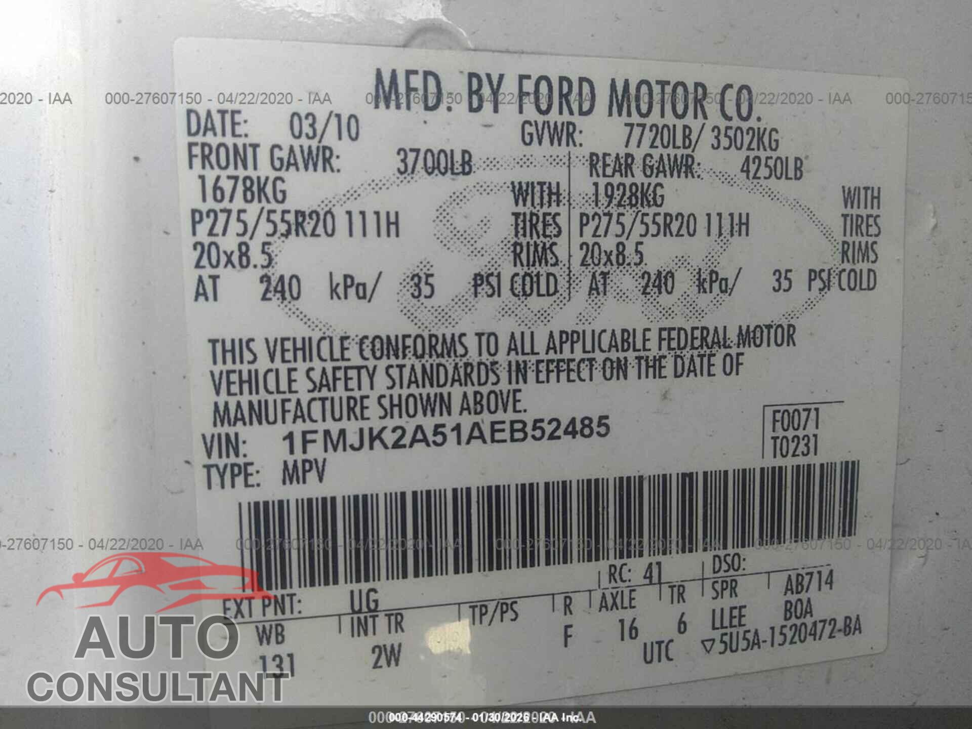 FORD EXPEDITION EL 2010 - 1FMJK2A51AEB52485