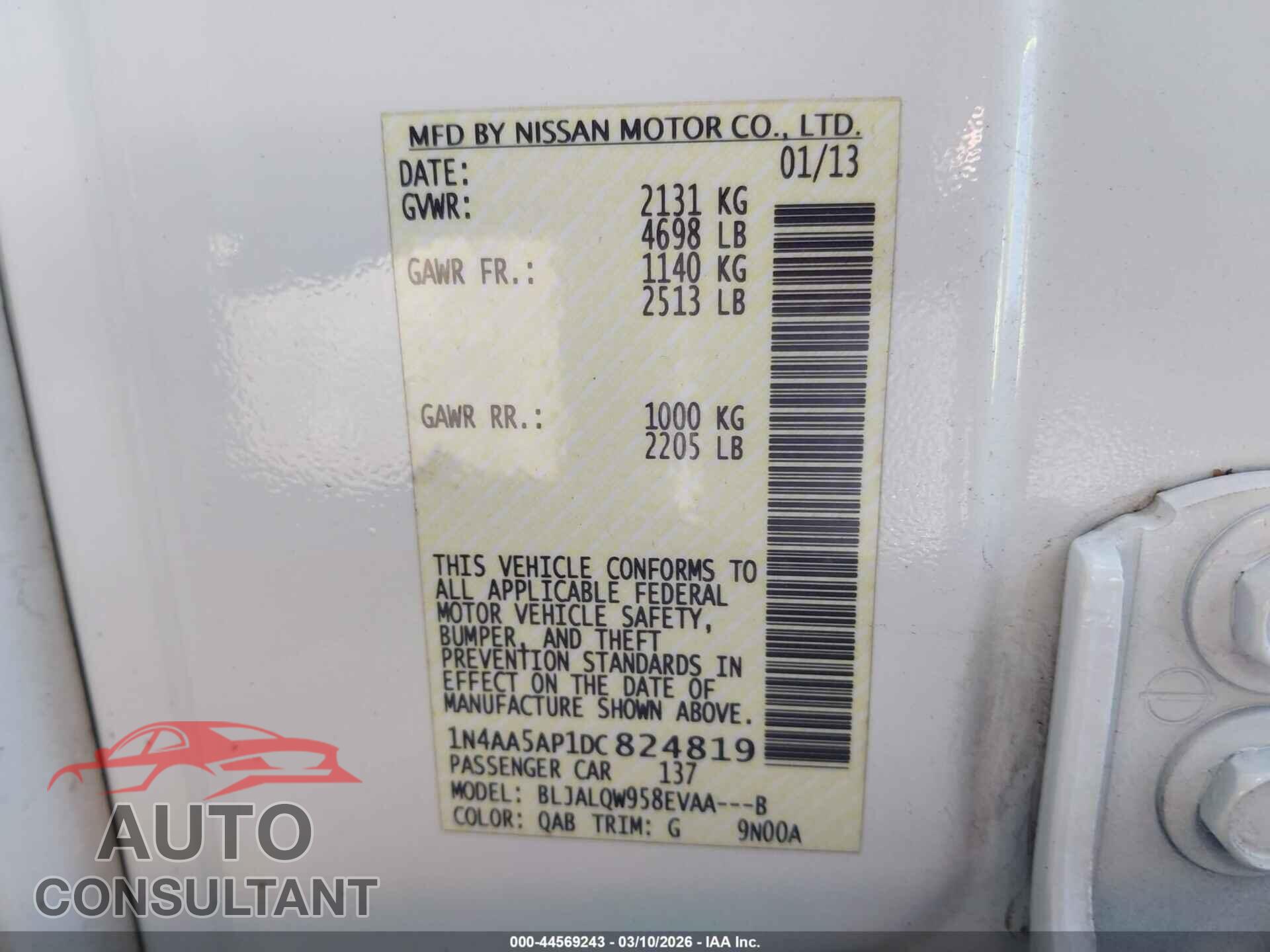 NISSAN MAXIMA 2013 - 1N4AA5AP1DC824819