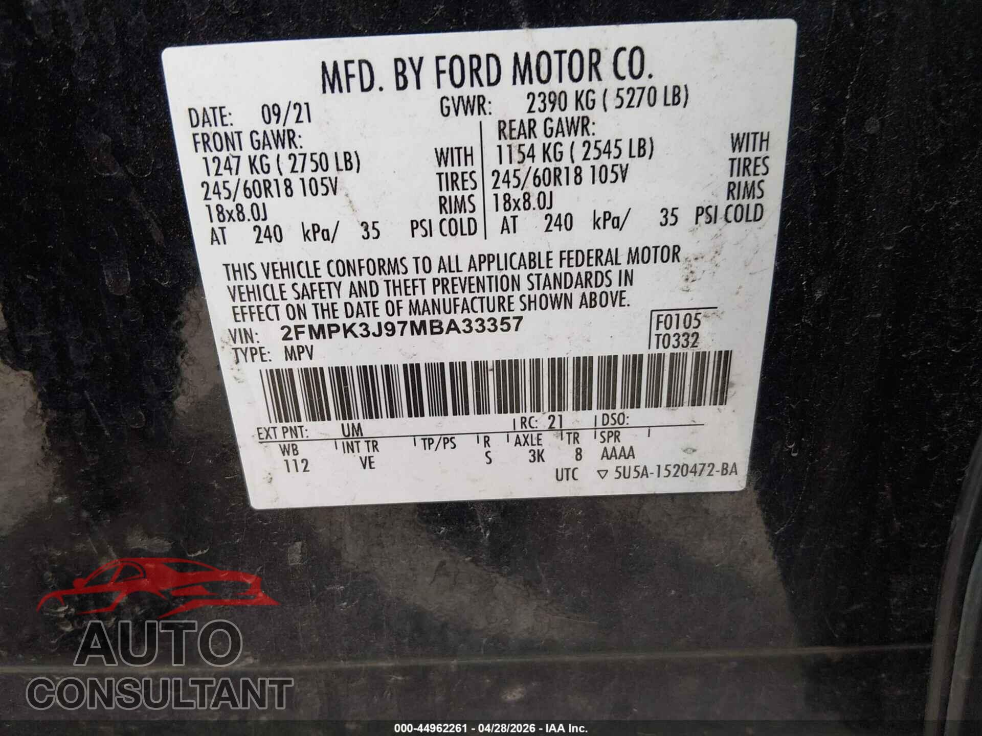 FORD EDGE 2021 - 2FMPK3J97MBA33357