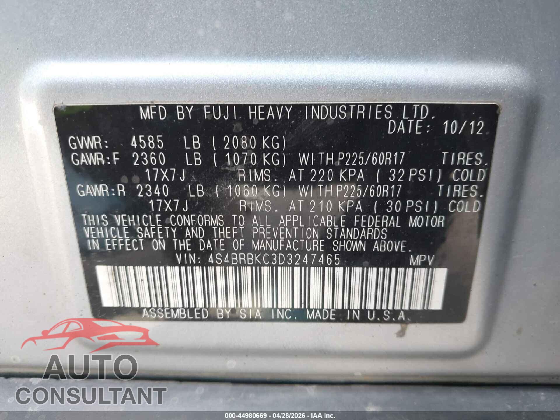 SUBARU OUTBACK 2013 - 4S4BRBKC3D3247465