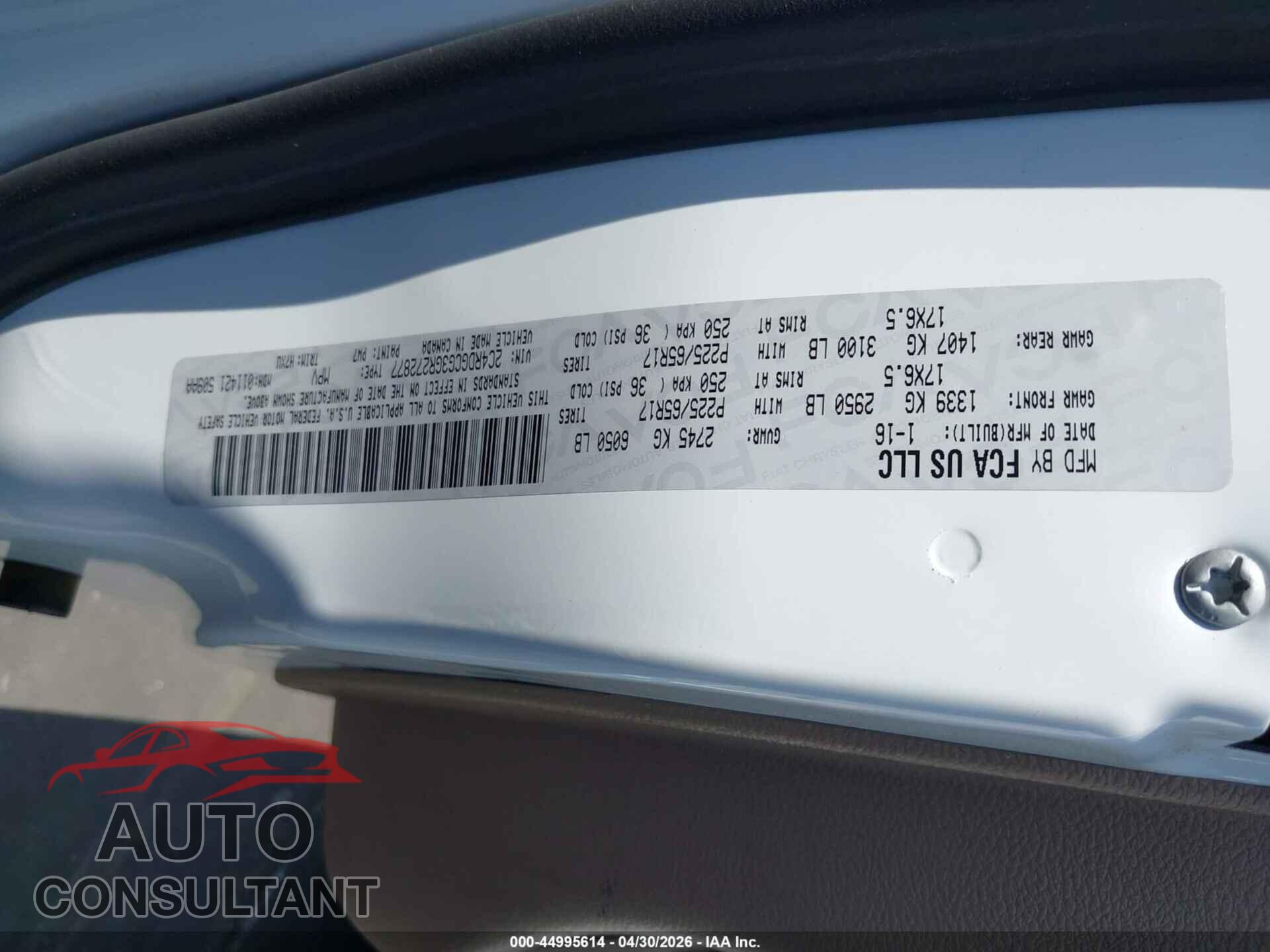 DODGE GRAND CARAVAN 2016 - 2C4RDGCG3GR272877
