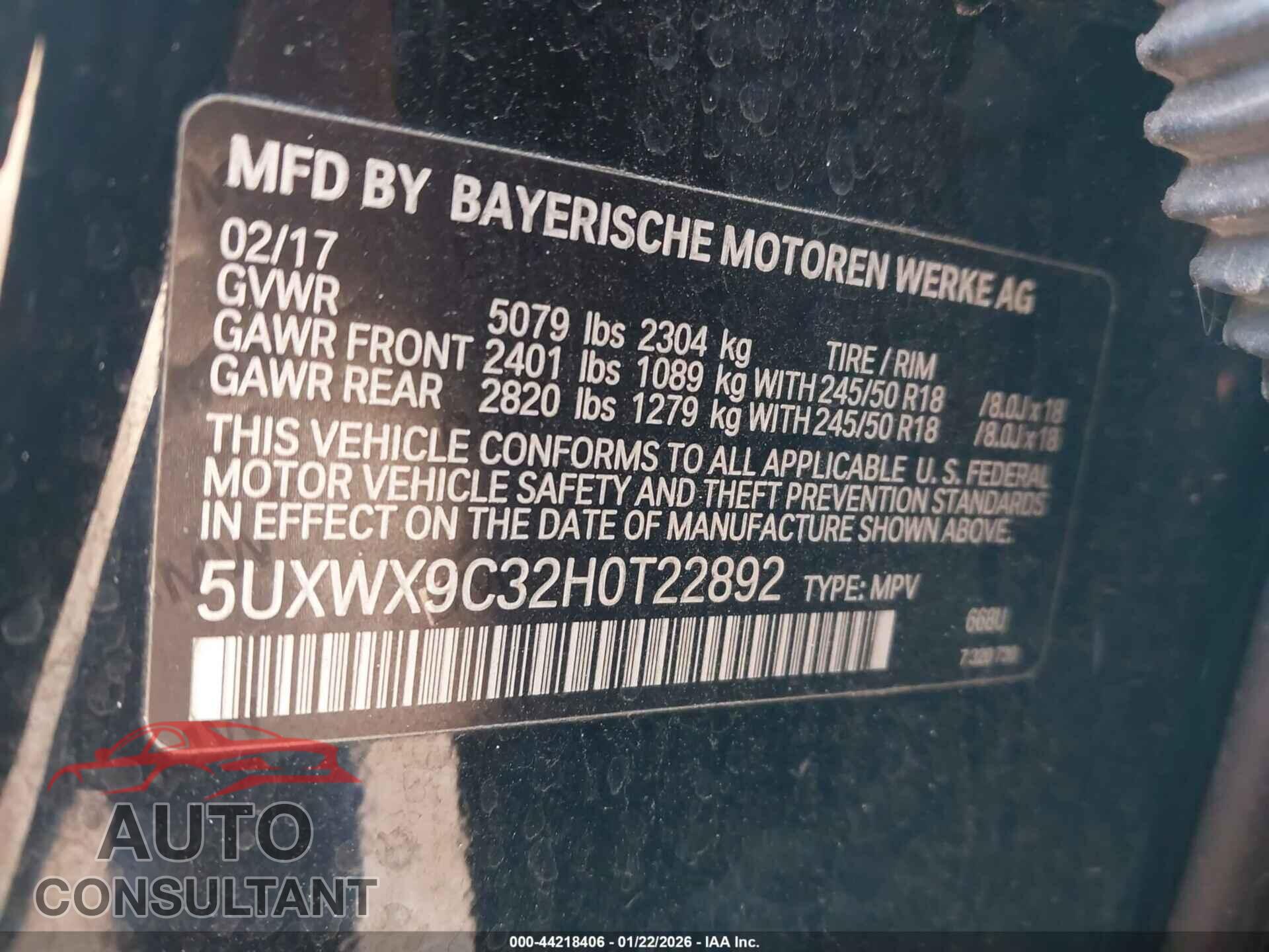 BMW X3 2017 - 5UXWX9C32H0T22892