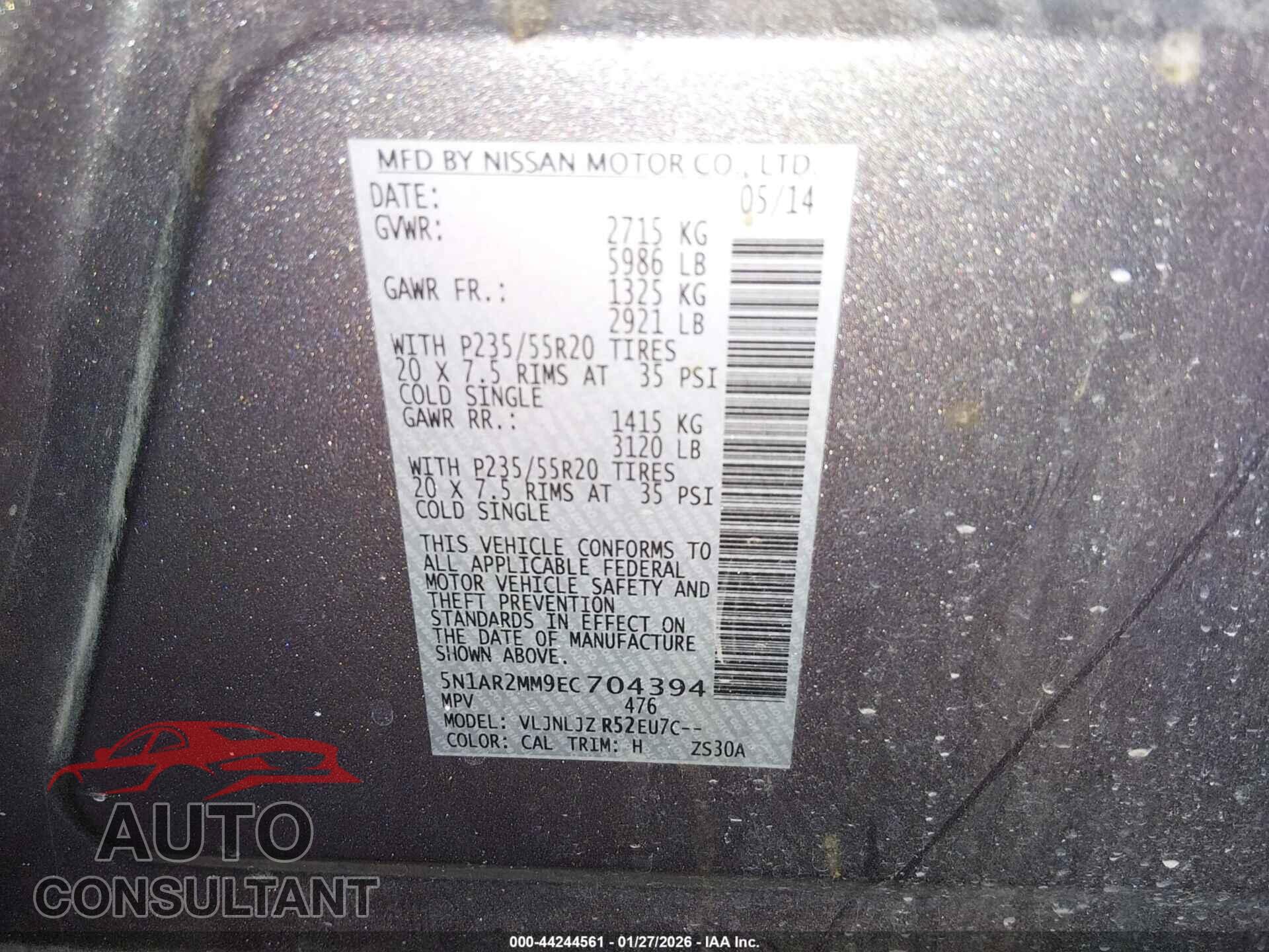 NISSAN PATHFINDER 2014 - 5N1AR2MM9EC704394