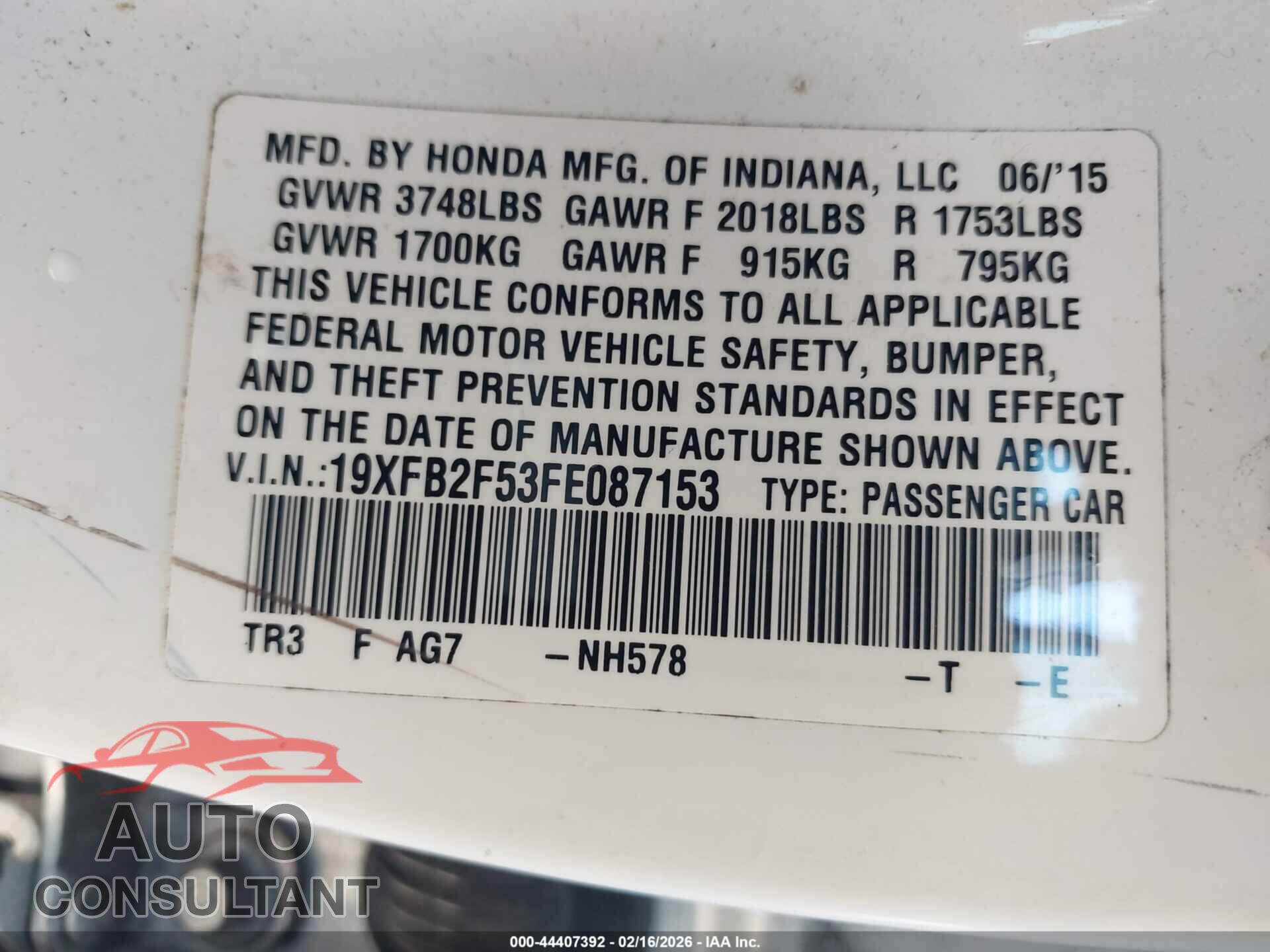HONDA CIVIC 2015 - 19XFB2F53FE087153
