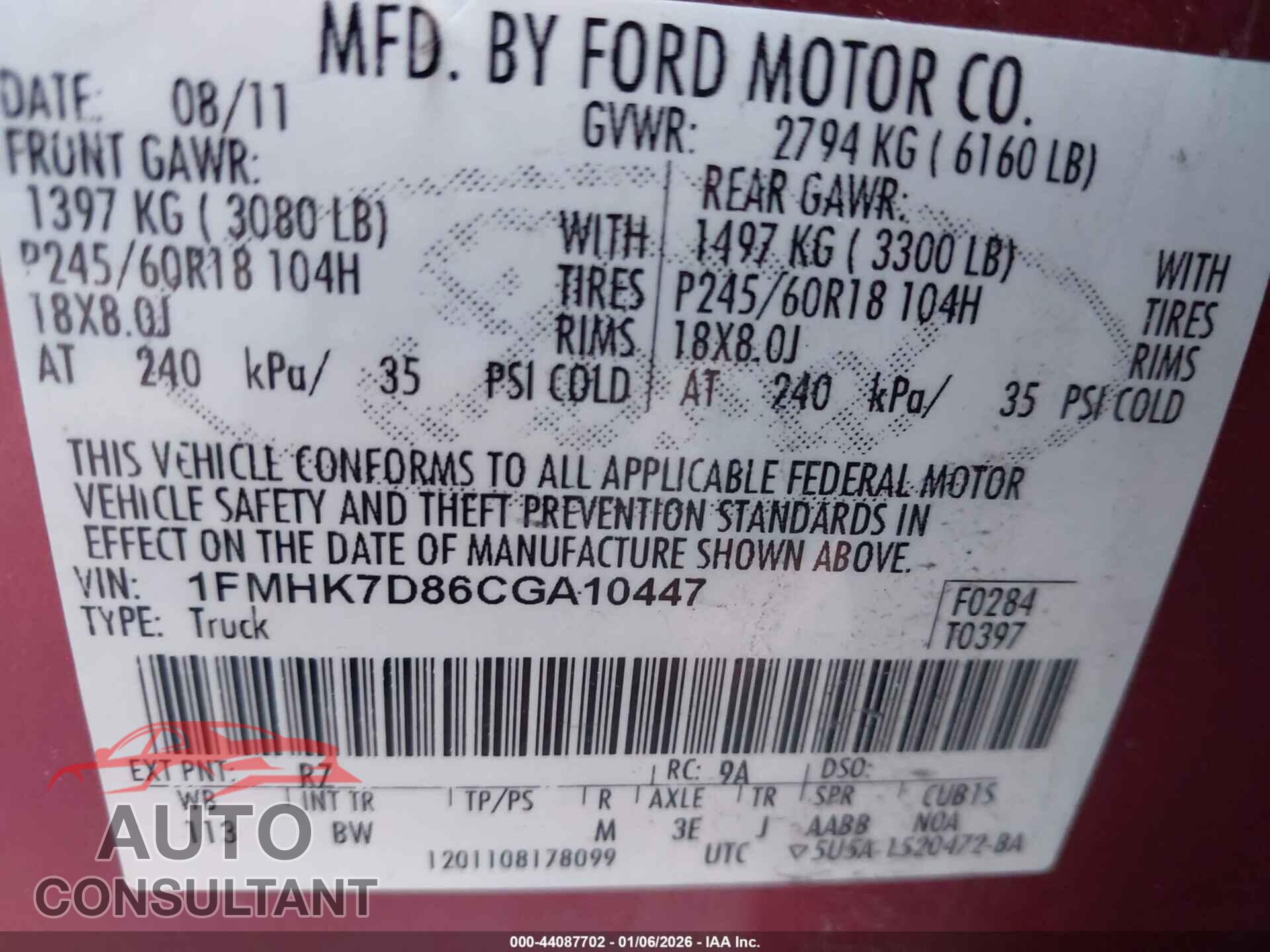 FORD EXPLORER 2012 - 1FMHK7D86CGA10447