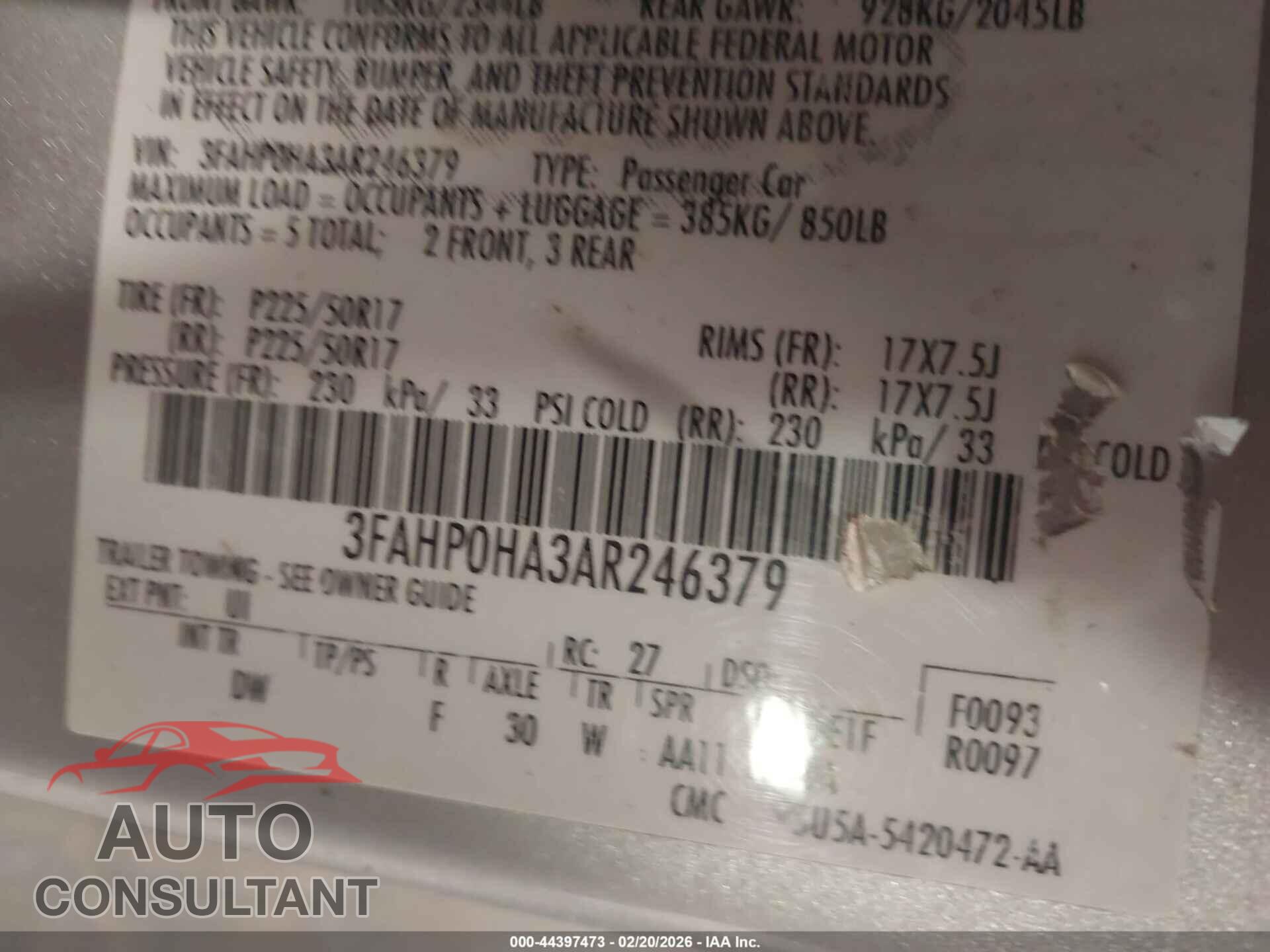 FORD FUSION 2010 - 3FAHP0HA3AR246379