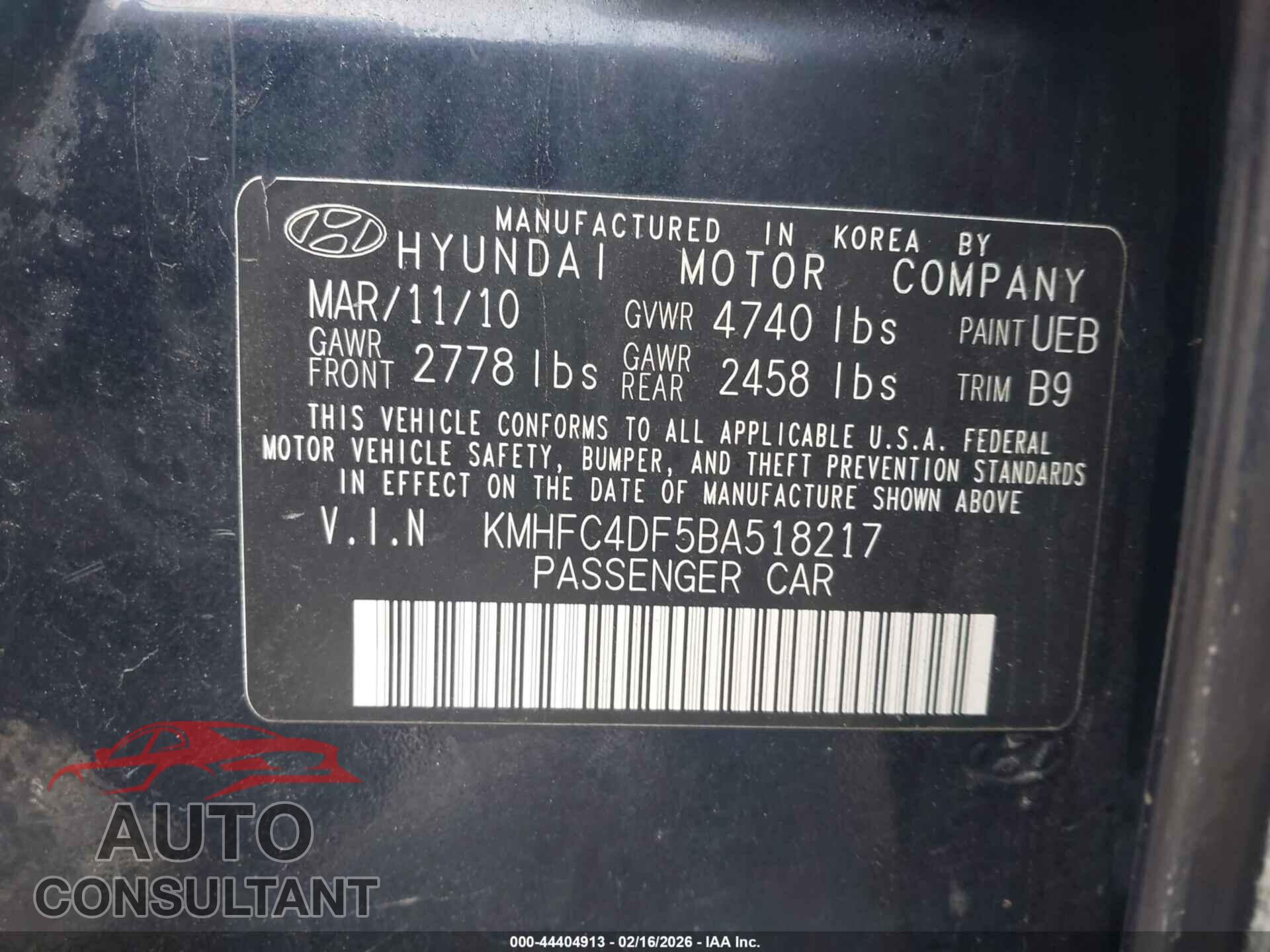 HYUNDAI AZERA 2011 - KMHFC4DF5BA518217