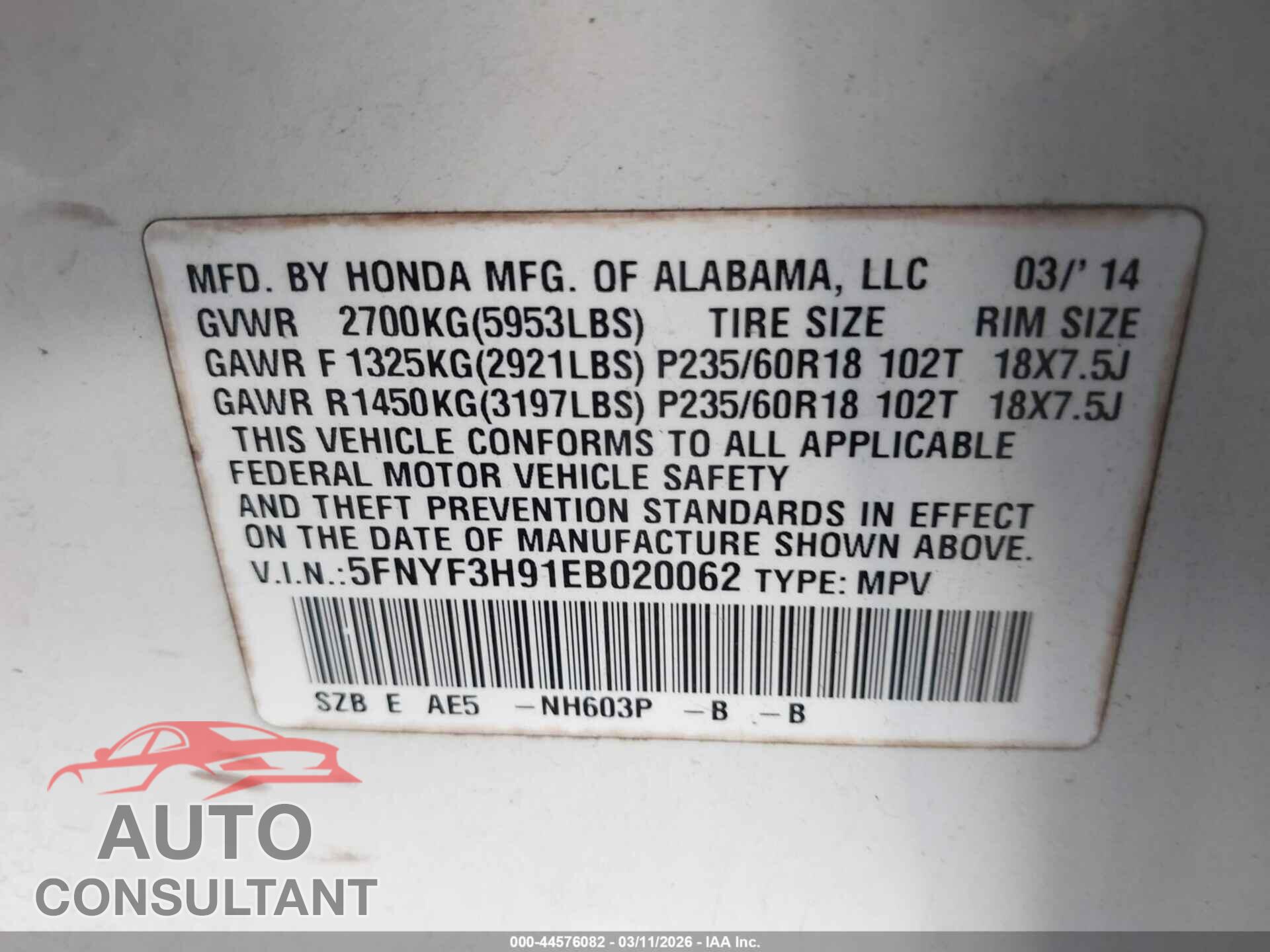 HONDA PILOT 2014 - 5FNYF3H91EB020062