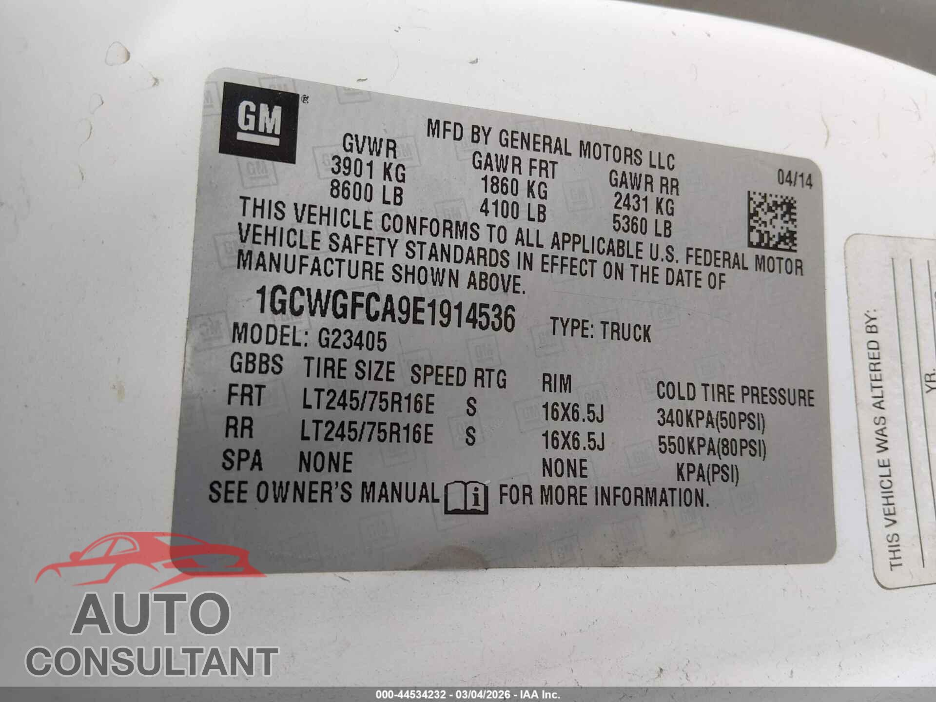 CHEVROLET EXPRESS 2500 2014 - 1GCWGFCA9E1914536