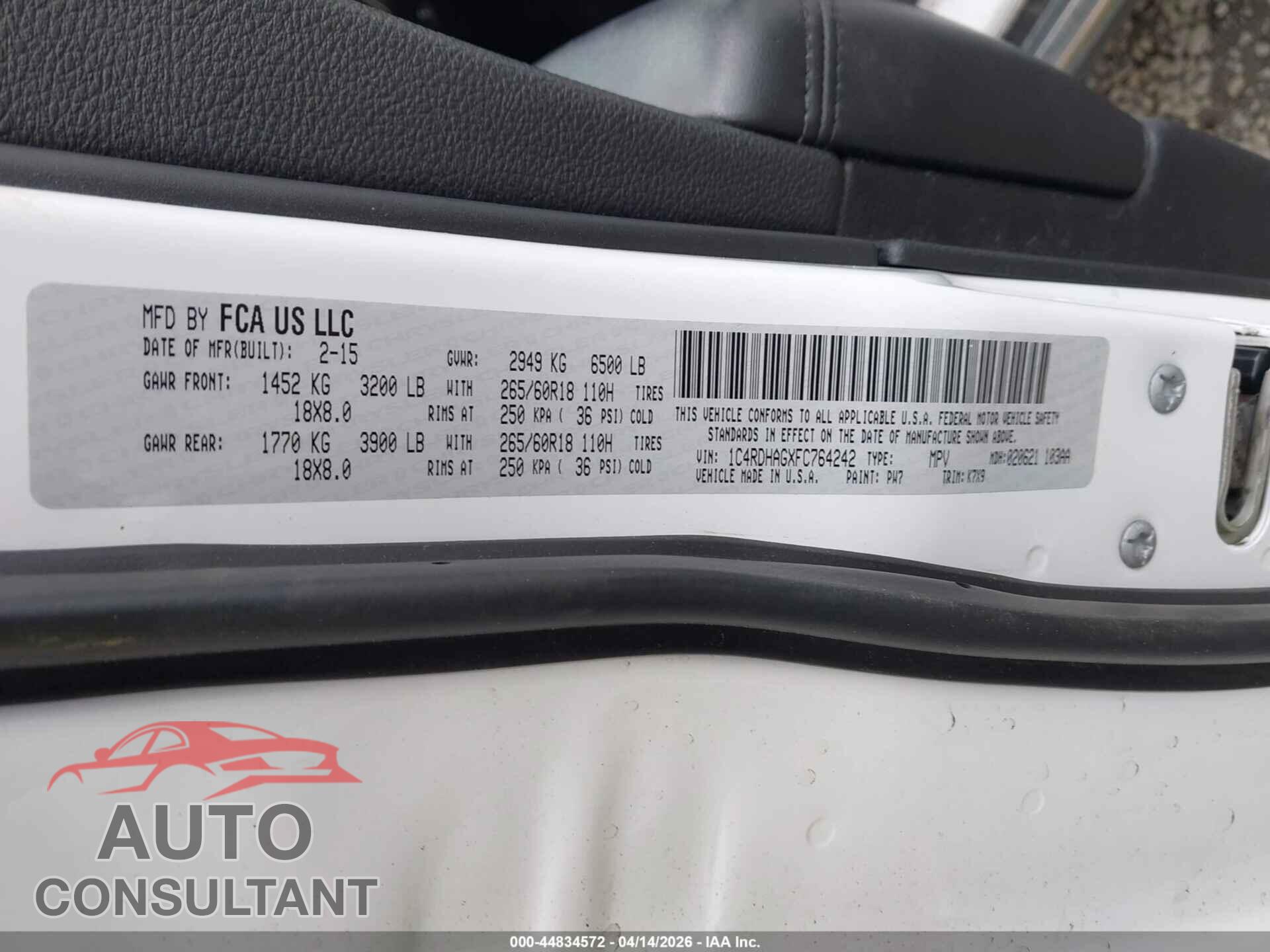 DODGE DURANGO 2015 - 1C4RDHAGXFC764242