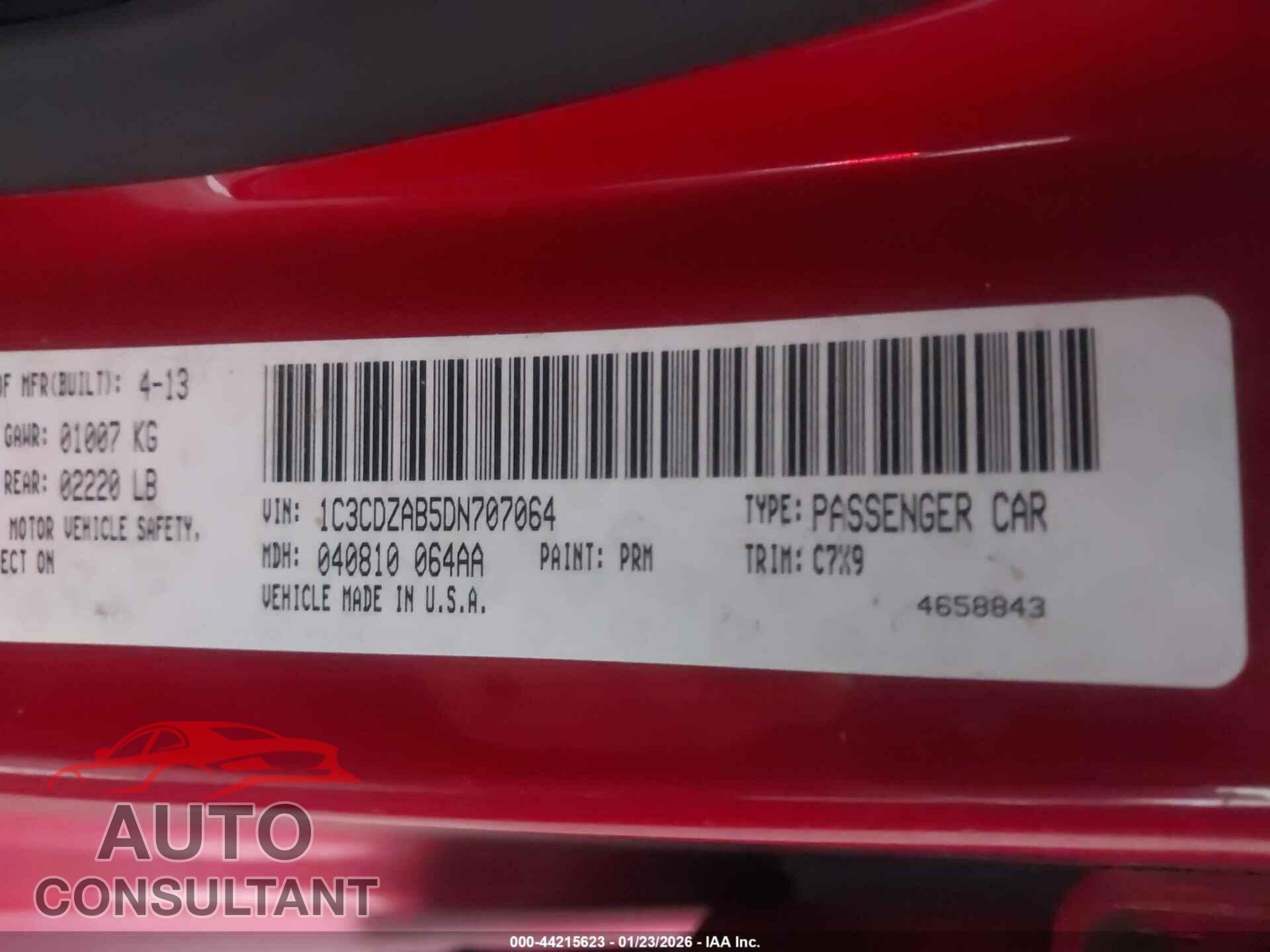 DODGE AVENGER 2013 - 1C3CDZAB5DN707064