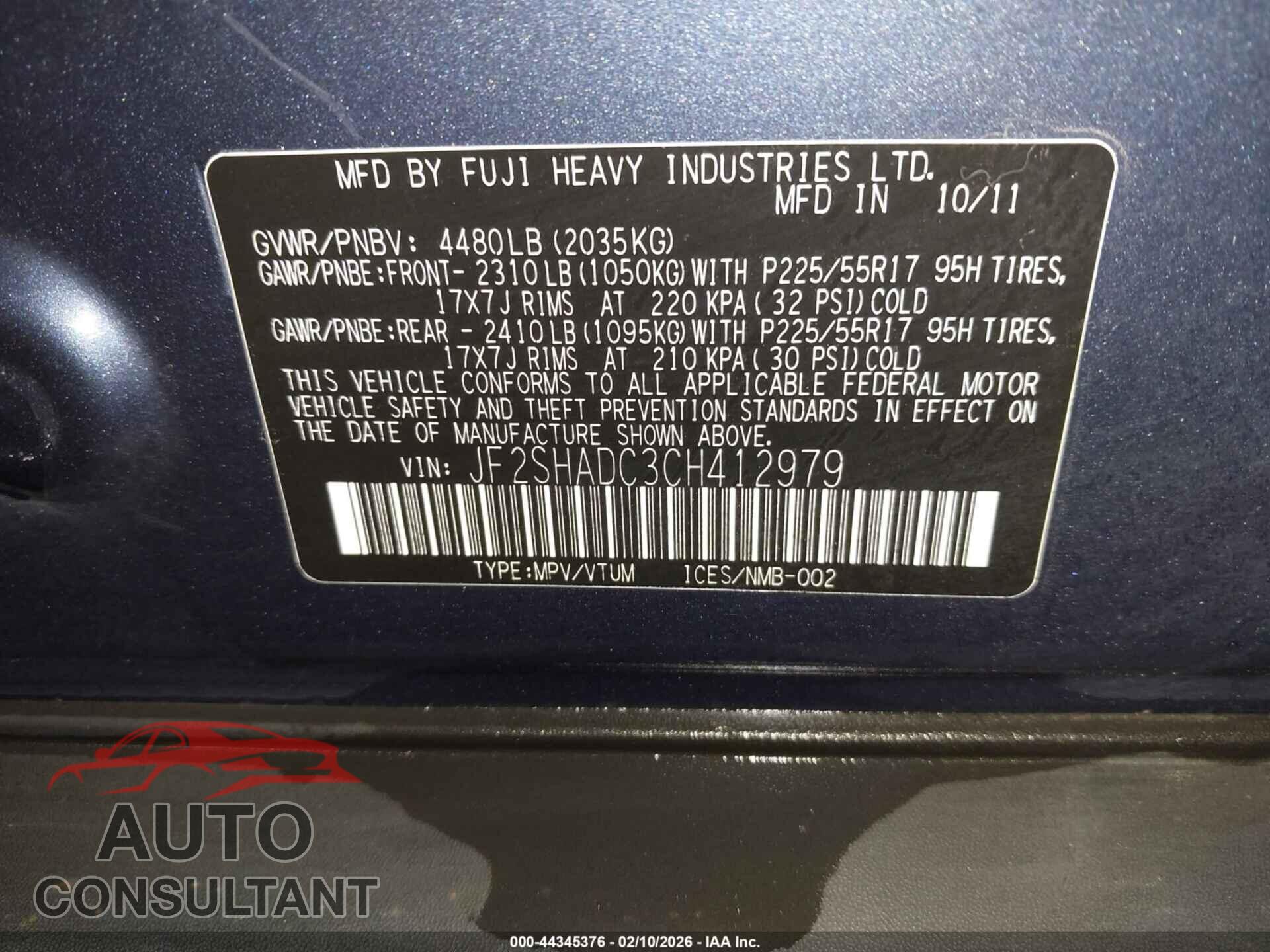 SUBARU FORESTER 2012 - JF2SHADC3CH412979